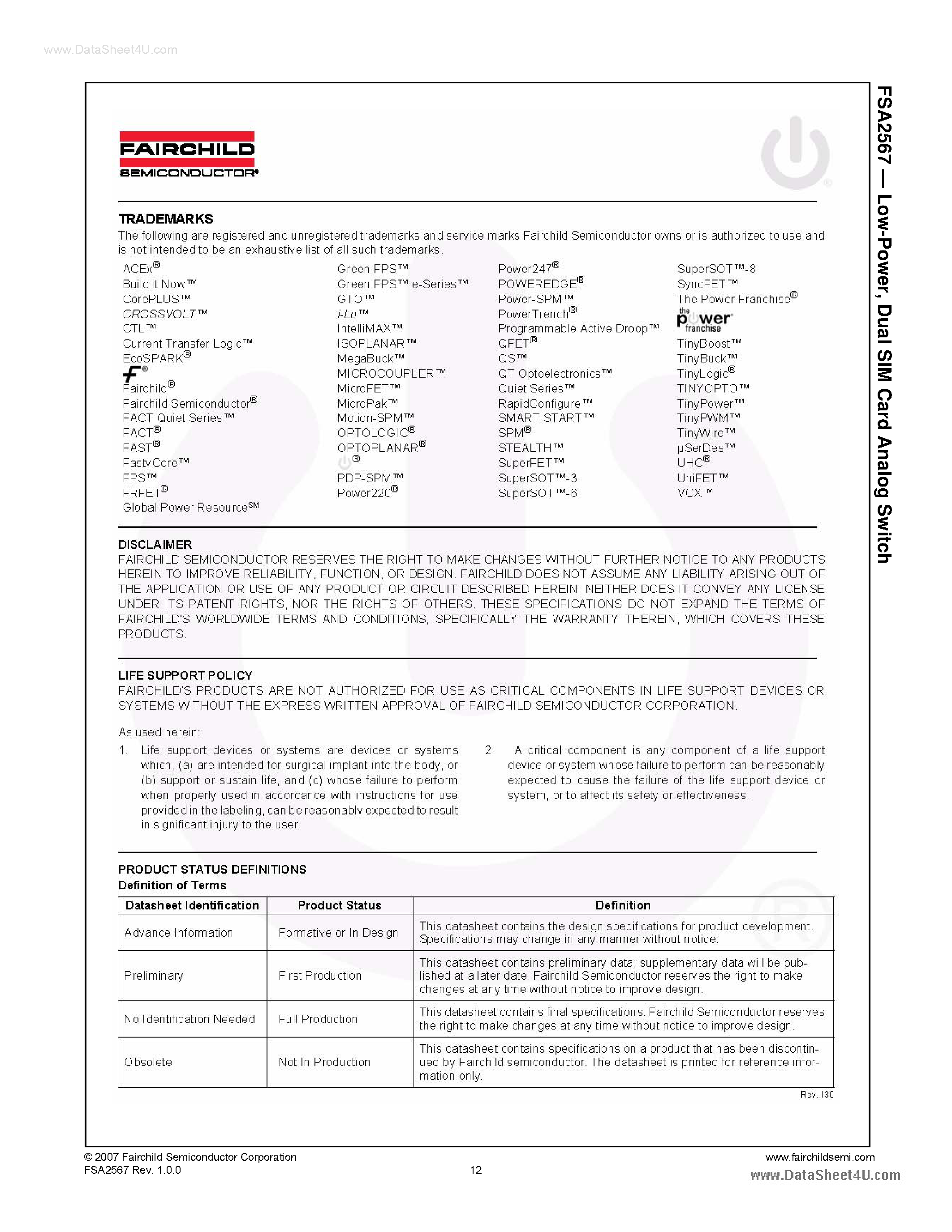 Даташит FSA2567 - Dual SIM Card Analog Switch страница 2