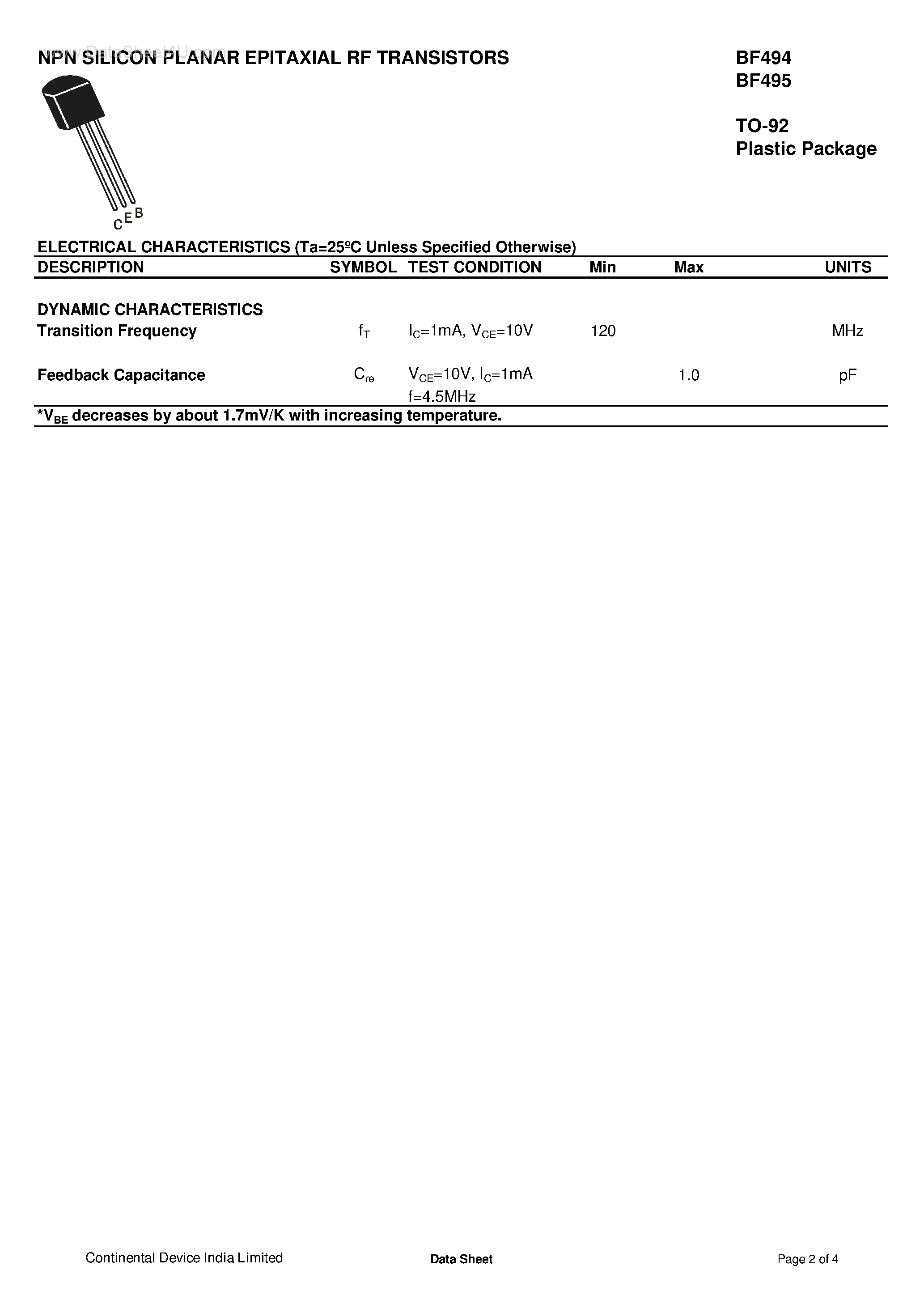 Даташит BF494B - NPN SILICON PLANAR EPITAXIAL RF TRANSISTORS страница 2