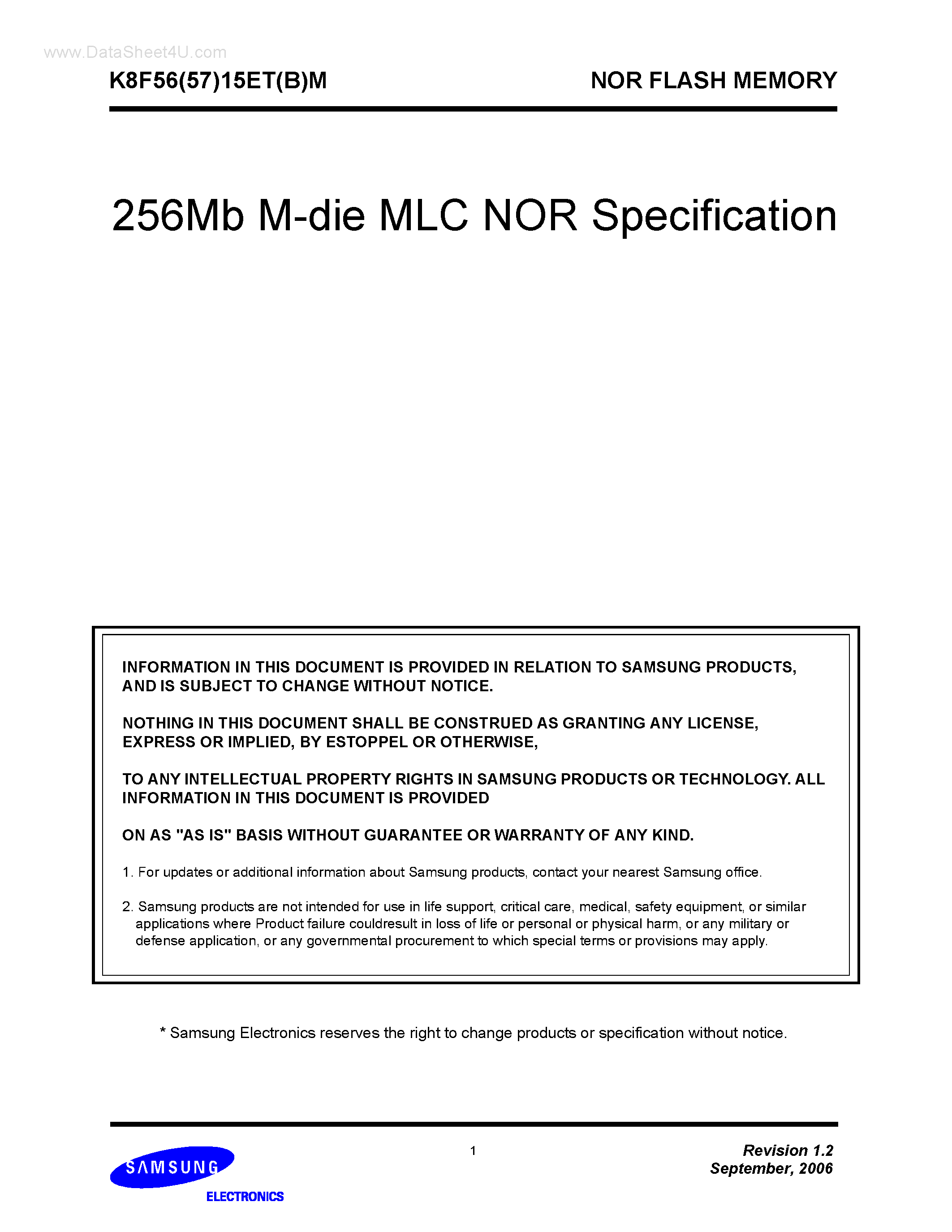 Datasheet K8F5615EBM - 256Mb M-die MLC NOR Specification page 1
