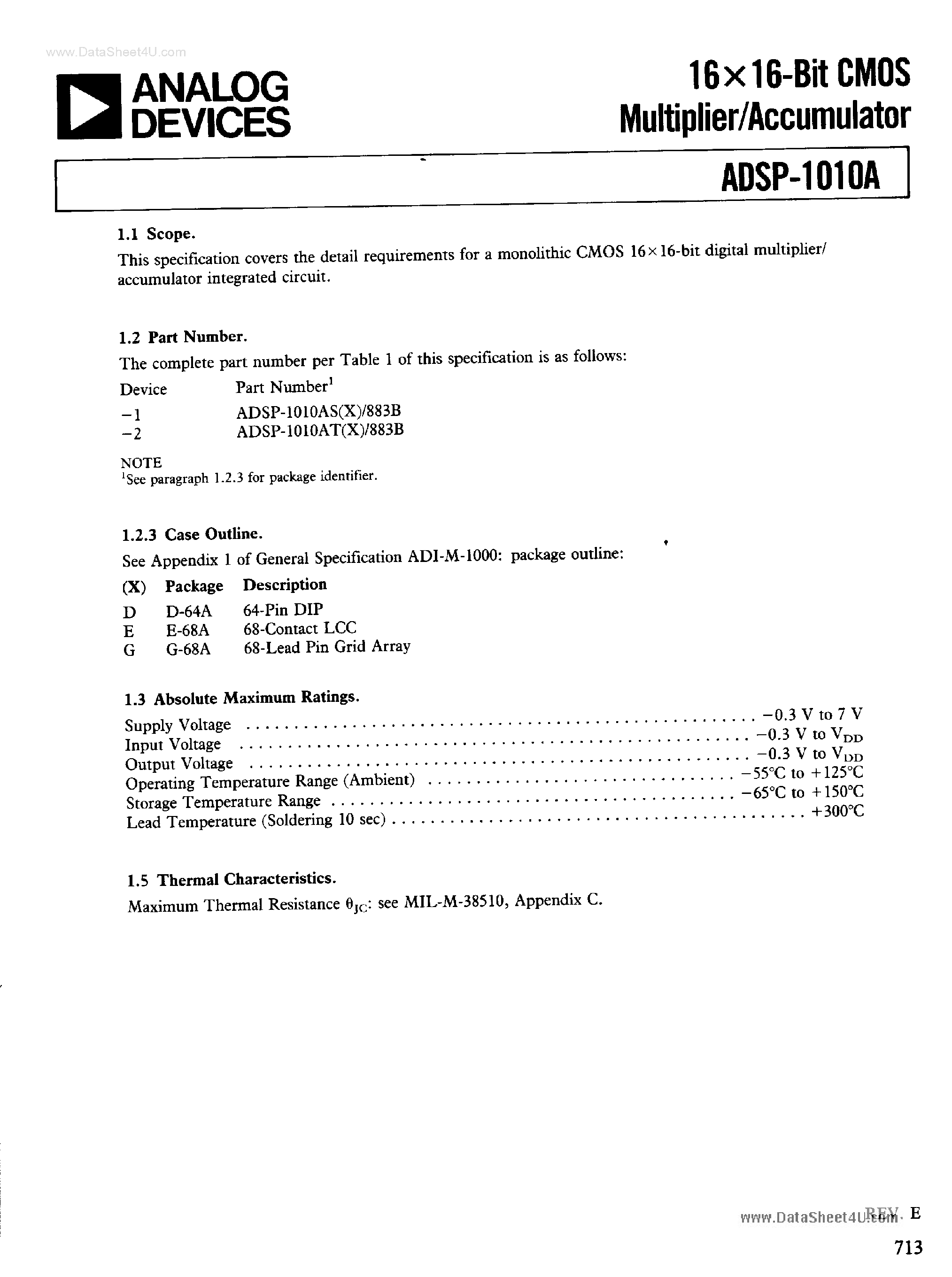 Datasheet ADSP-1010A - 16 X 16-Bit CMOS Multiplier / Accumulator page 1