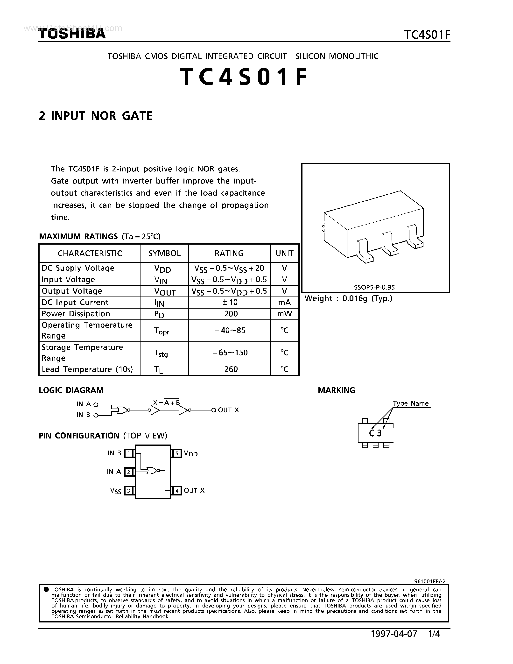 Datasheet TC4S01F - 2 INPUT NOR GATE page 1