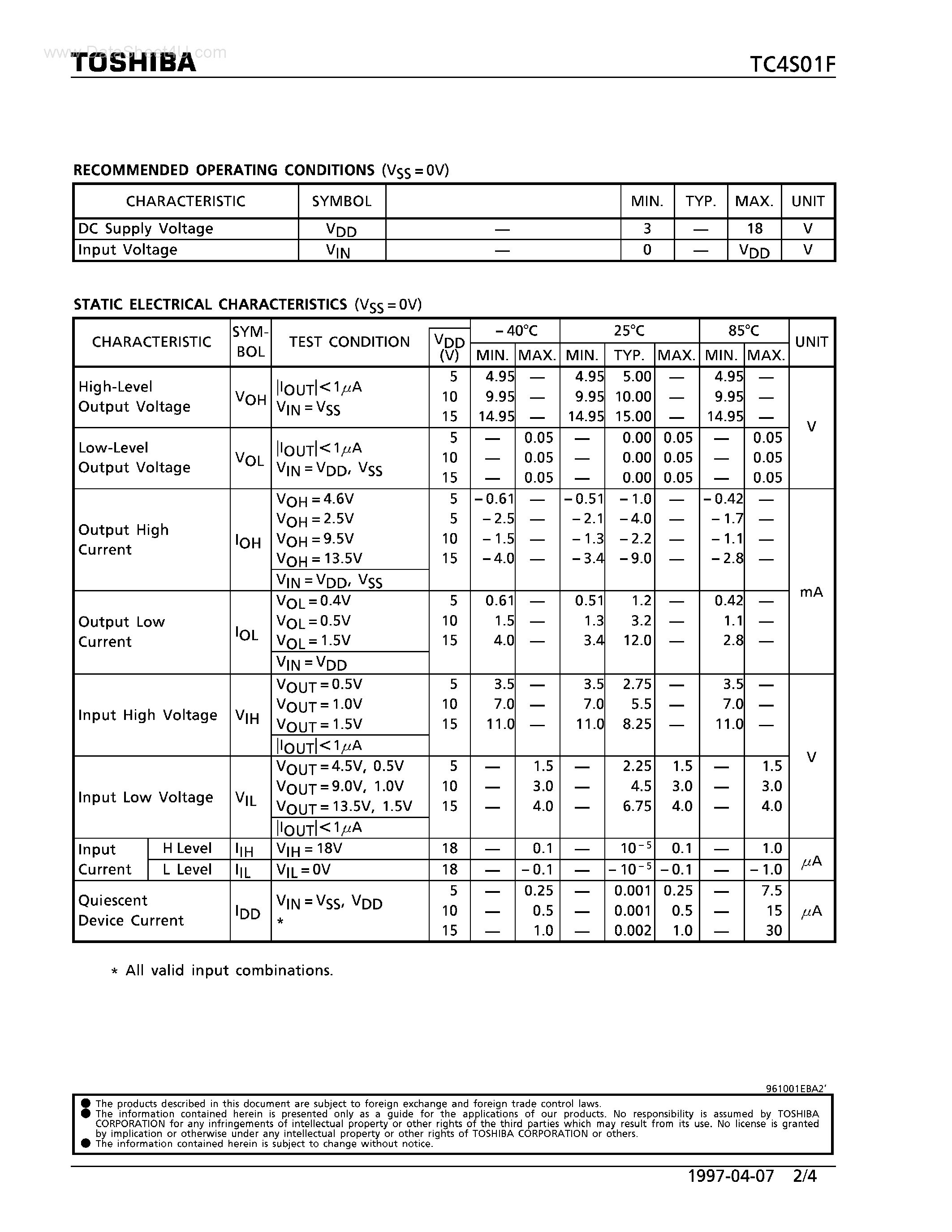 Datasheet TC4S01F - 2 INPUT NOR GATE page 2