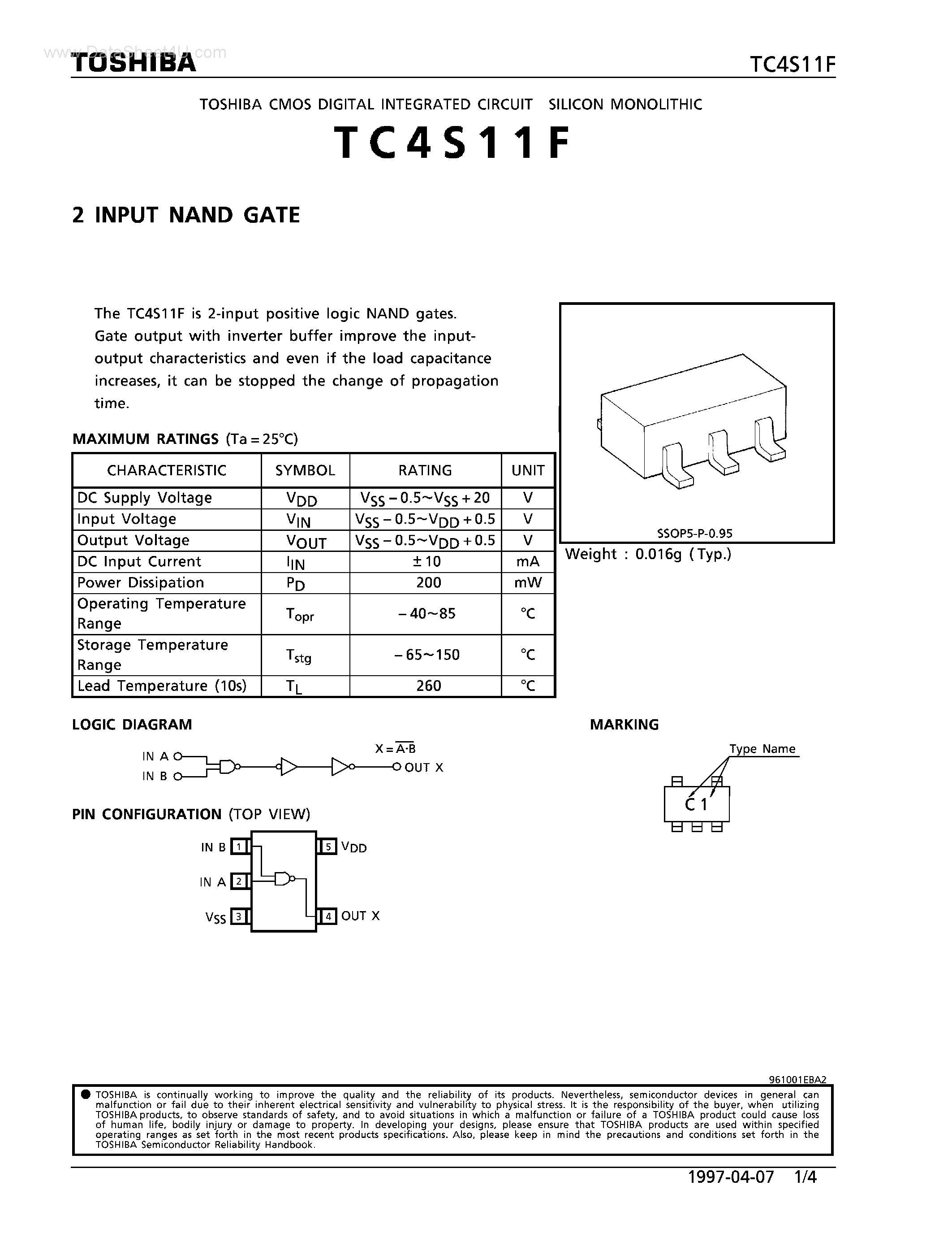 Datasheet TC4S11F - 2 INPUT NAND GATE page 1