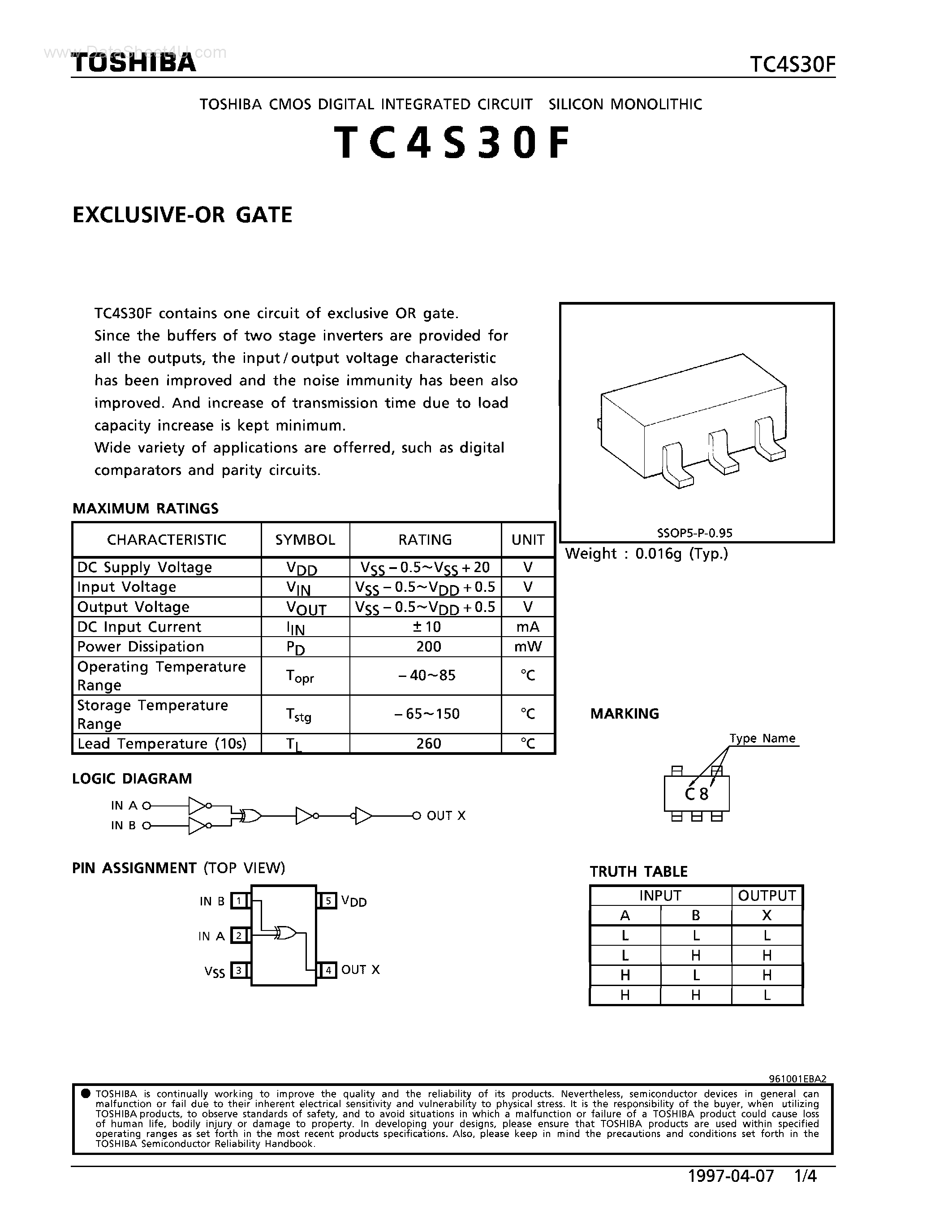Datasheet TC4S30F - EXCLUSIVE-OR GATE page 1