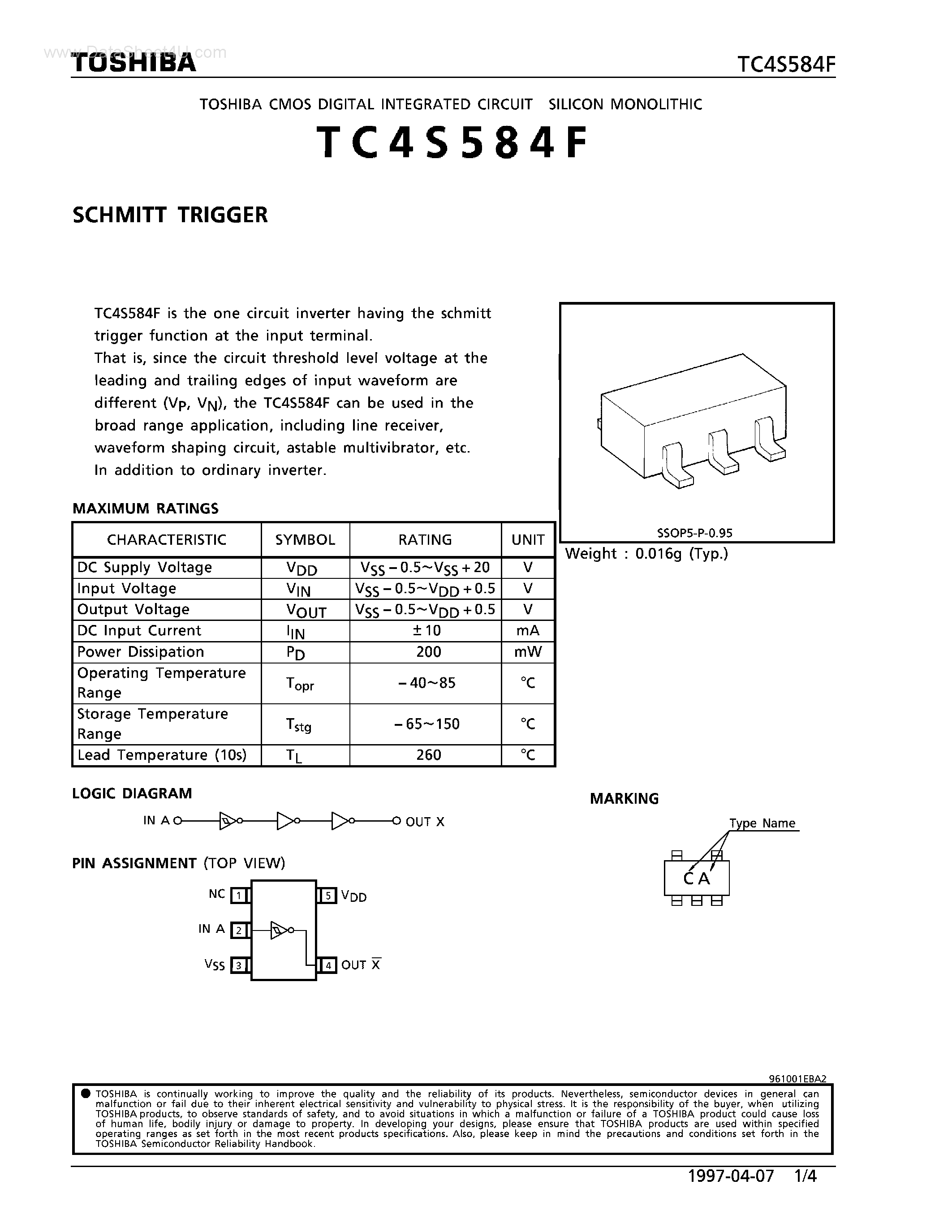Даташит на микросхему TC4S584F страница 1 Даташит TC4S584F - SCHMITT TRIGGER страница 1