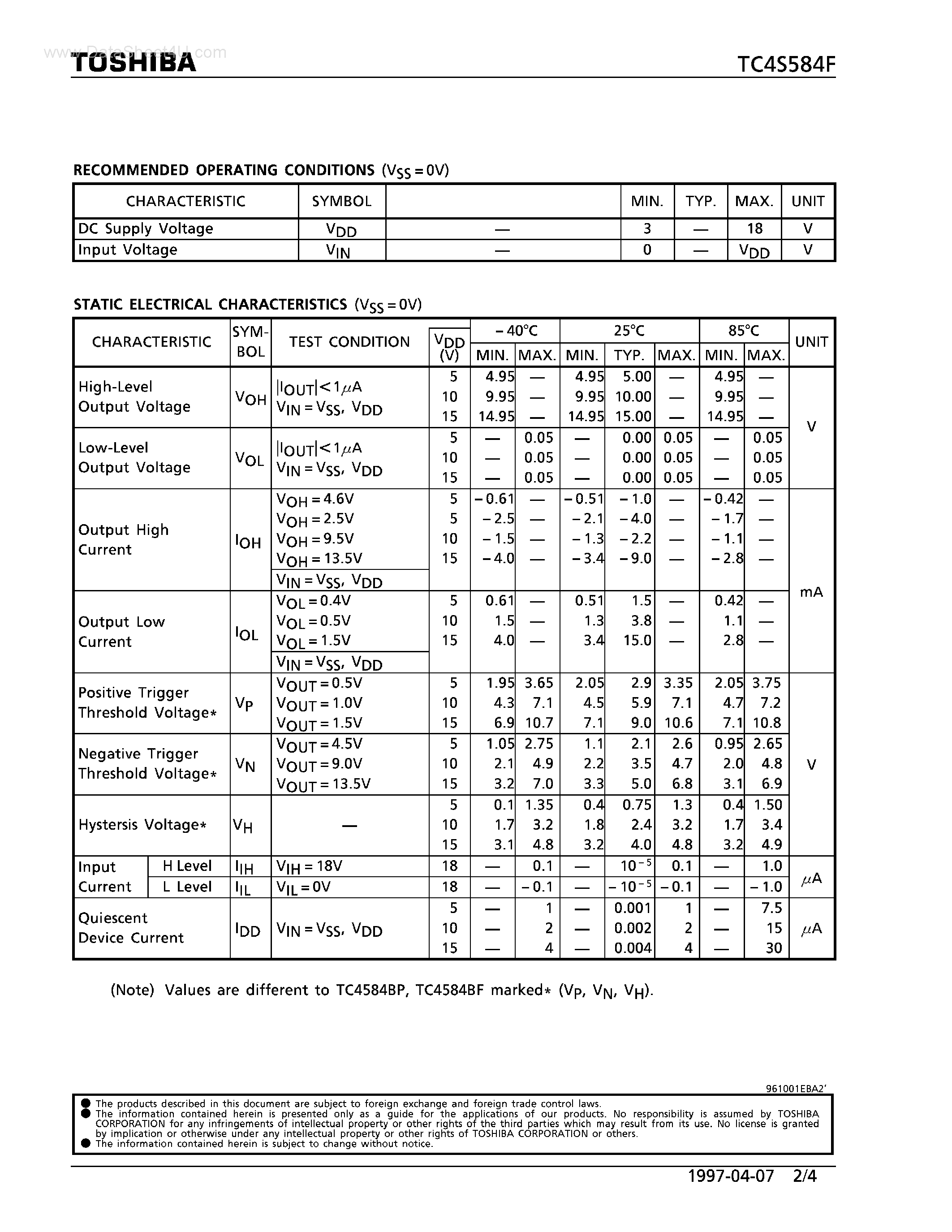 Даташит на микросхему TC4S584F страница 2 Даташит TC4S584F - SCHMITT TRIGGER страница 2