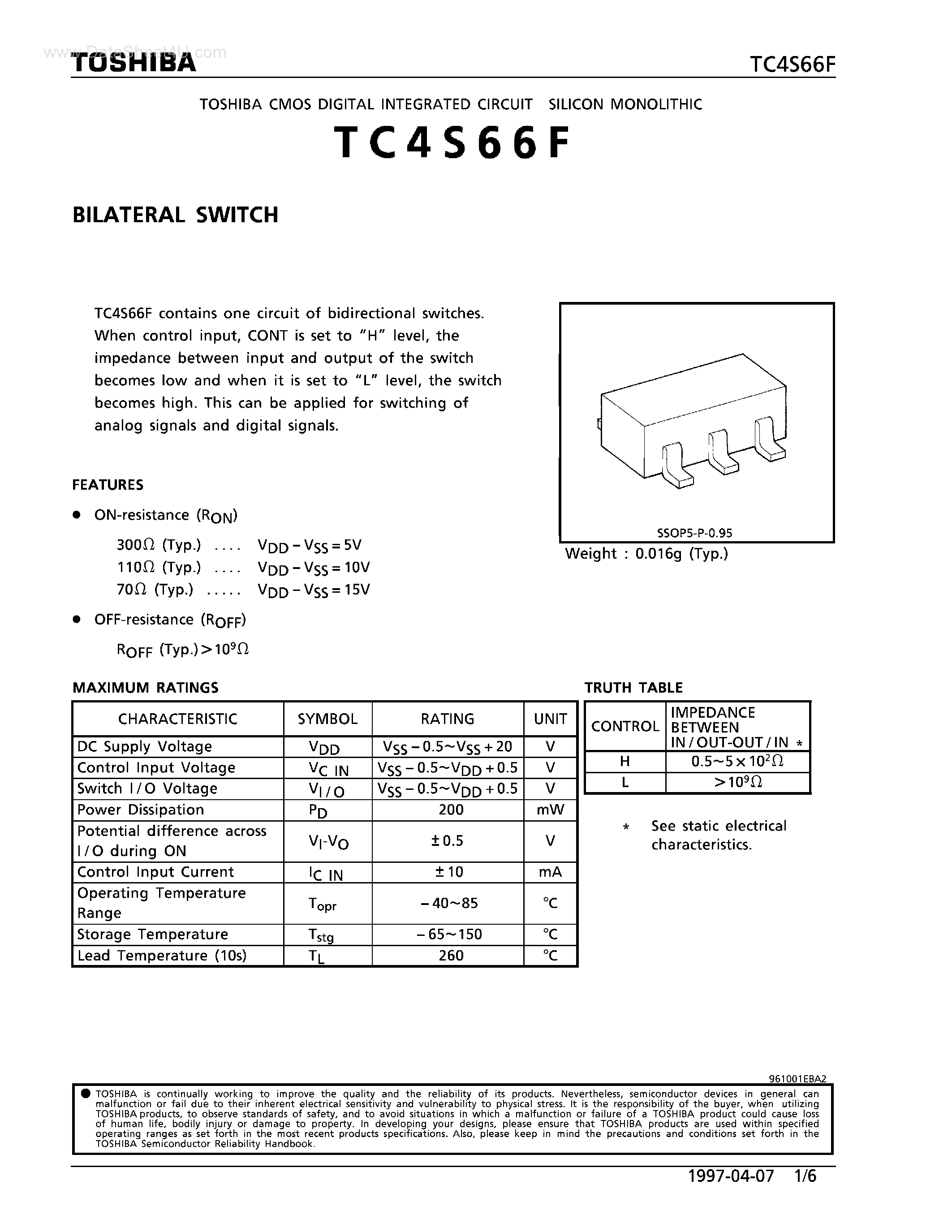 Даташит на микросхему TC4S66F страница 1 Даташит TC4S66F - BILATERAL SWITCH страница 1
