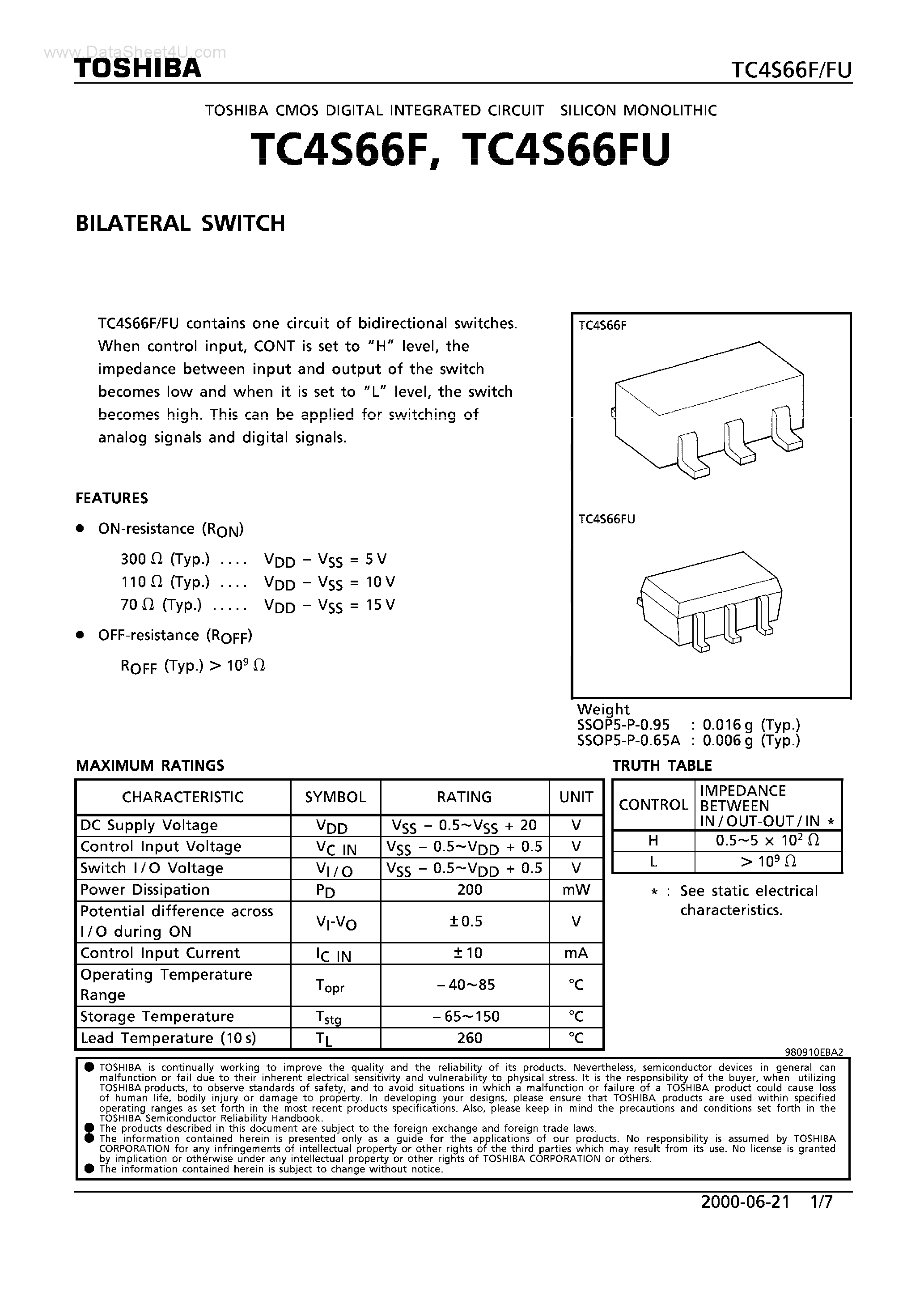 Datasheet TC4S66FU - BILATERAL SWITCH page 1