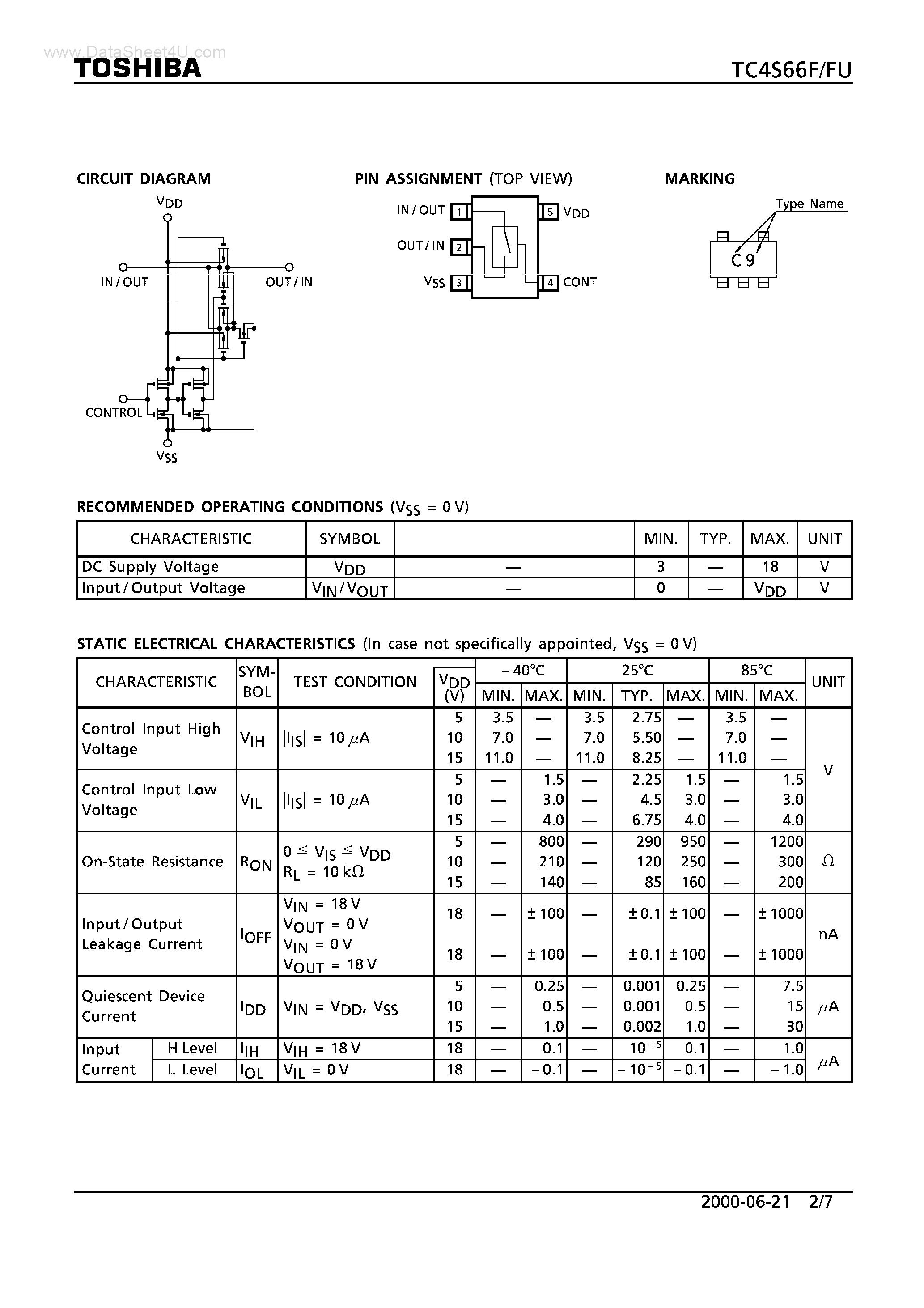 Datasheet TC4S66FU - BILATERAL SWITCH page 2