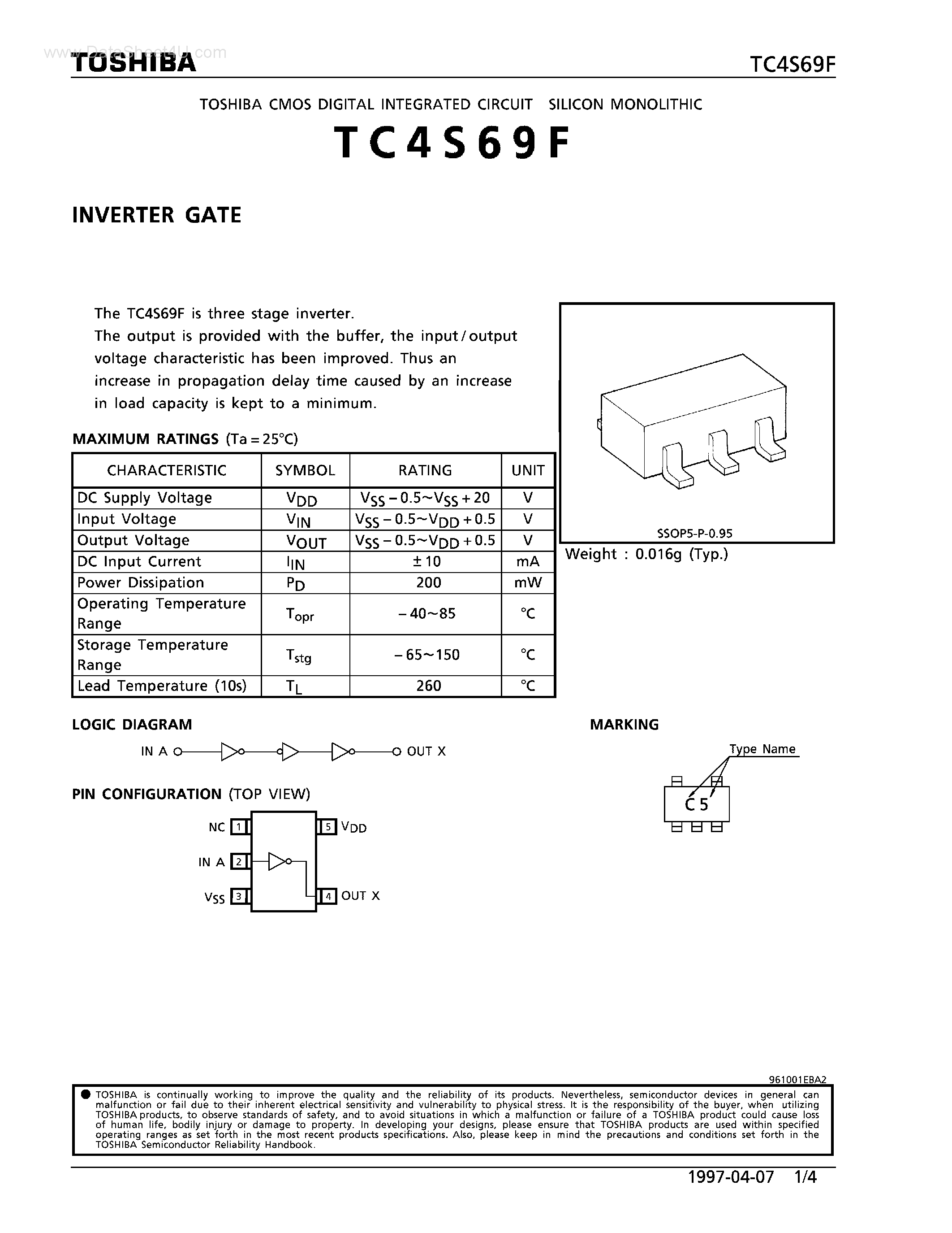 Datasheet TC4S69F - INVERTER GATE page 1