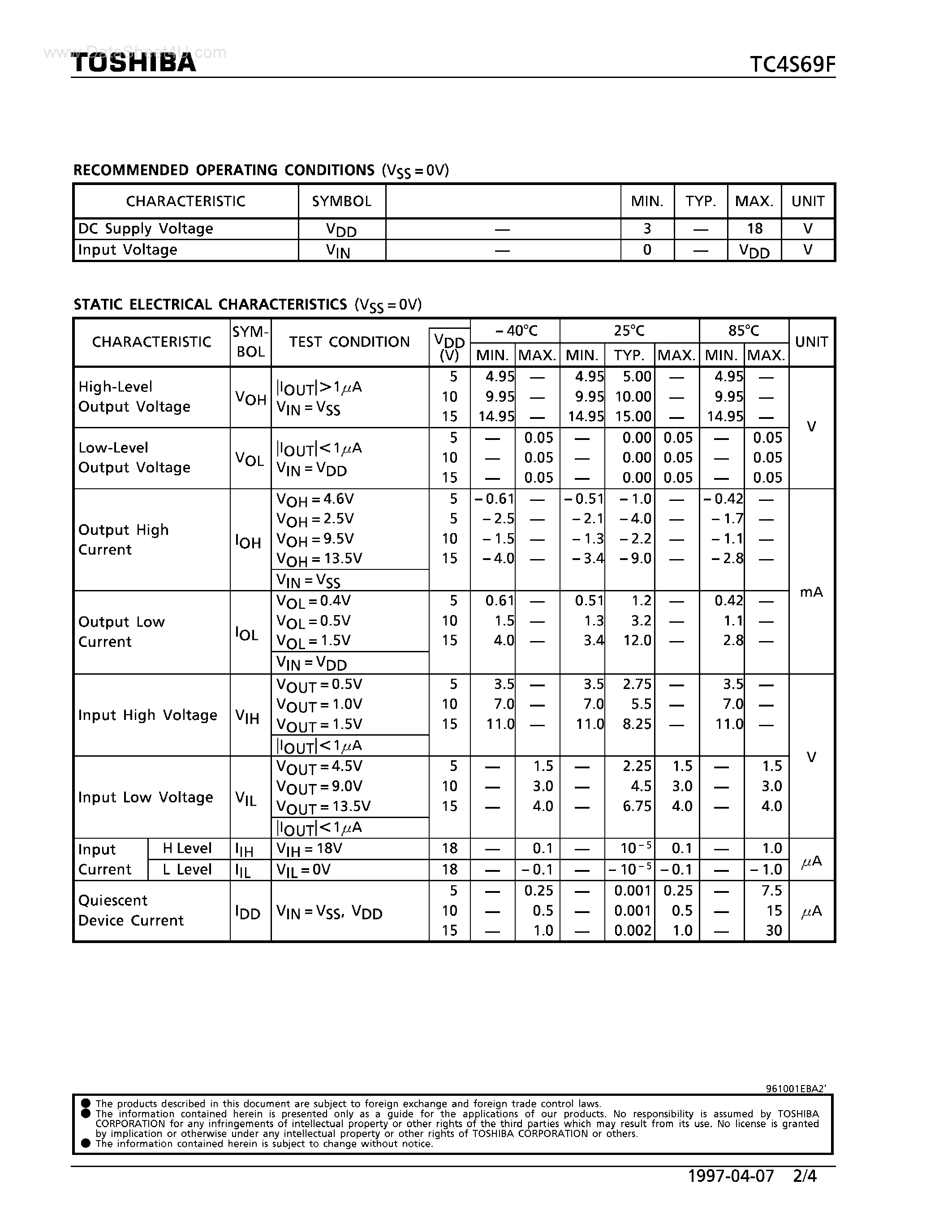 Datasheet TC4S69F - INVERTER GATE page 2