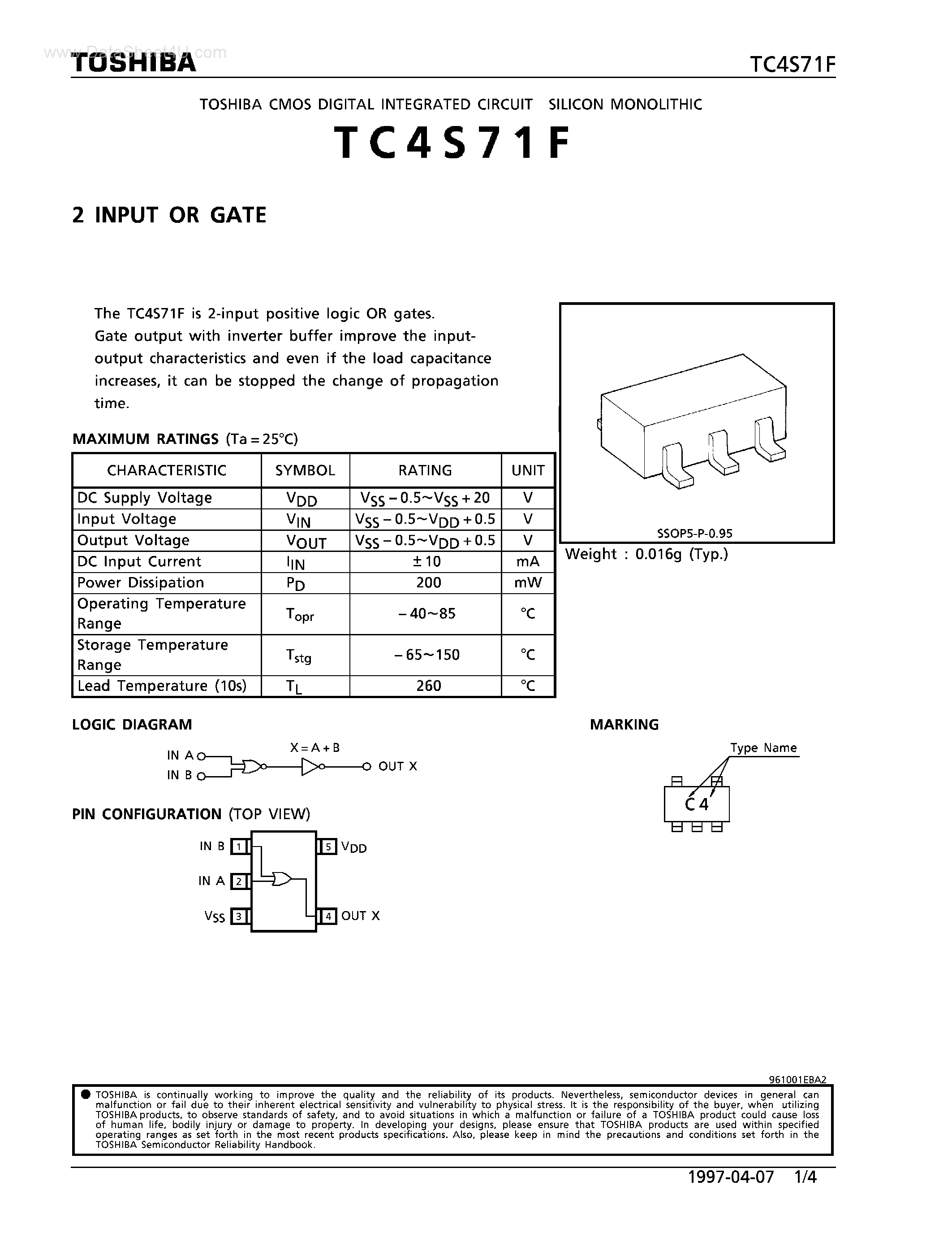 Даташит TC4S71F - 2 INPUT OR GATE страница 1