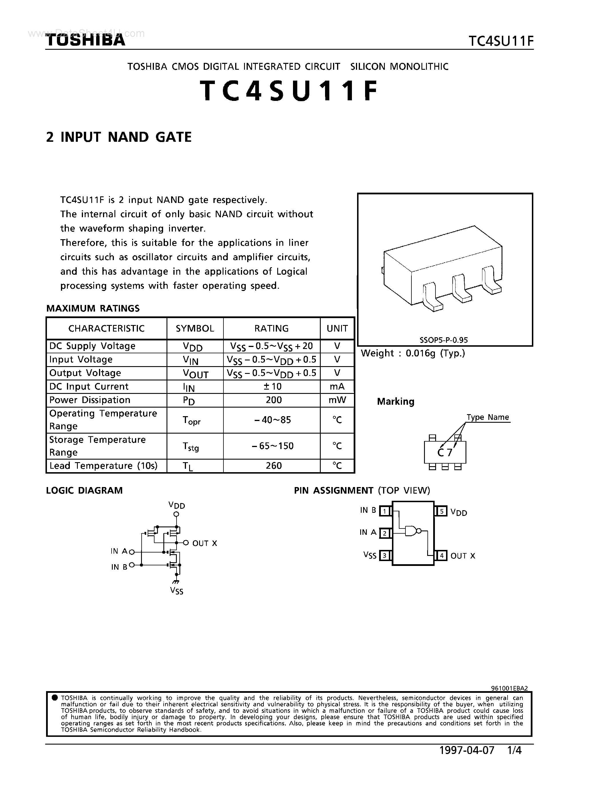 Даташит TC4SU11F - 2 INPUT NAND GATE страница 1
