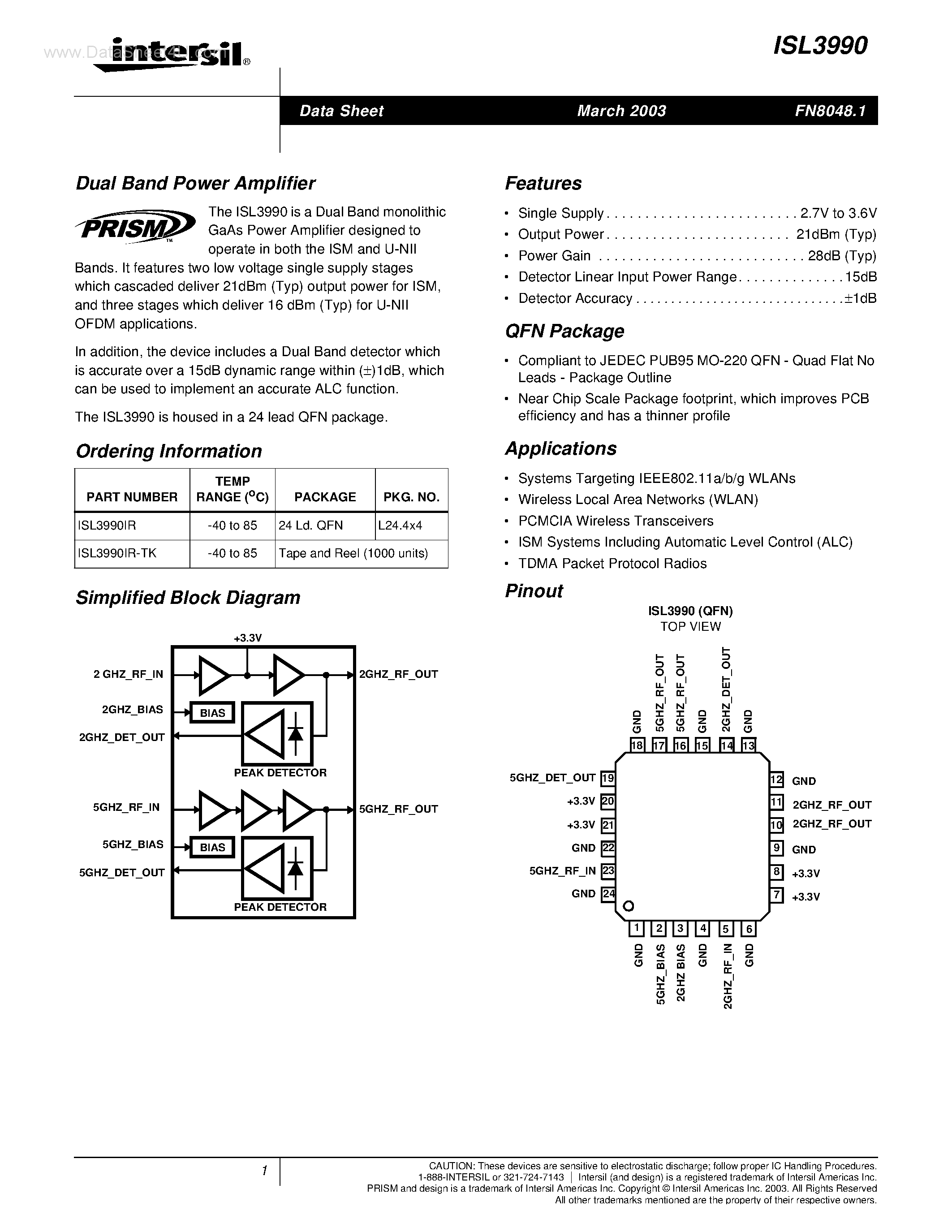 Datasheet ISL3990 page 1 Datasheet ISL3990 - Dual Band Power Amplifier page 1