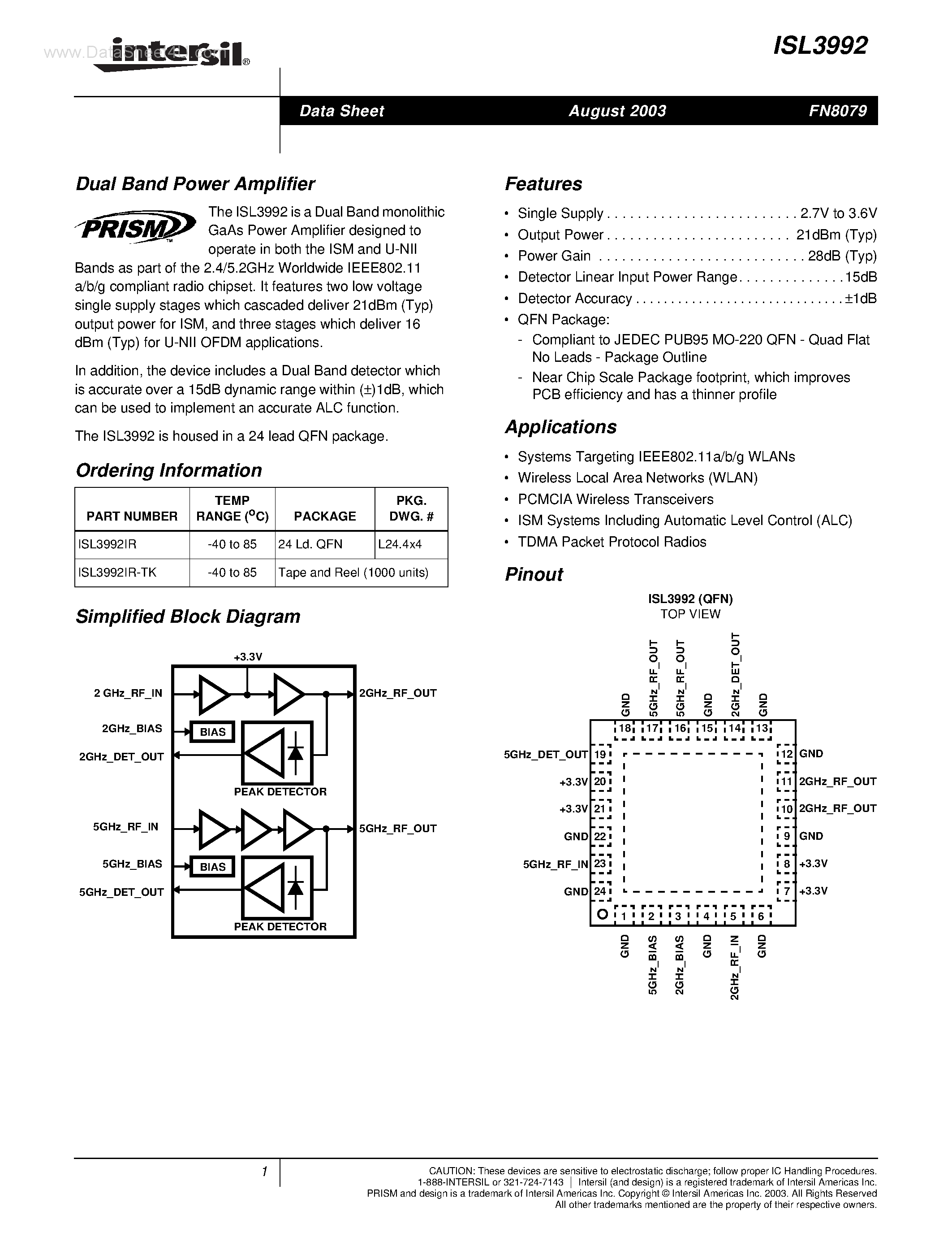 Datasheet ISL3992 - Dual Band Power Amplifier page 1