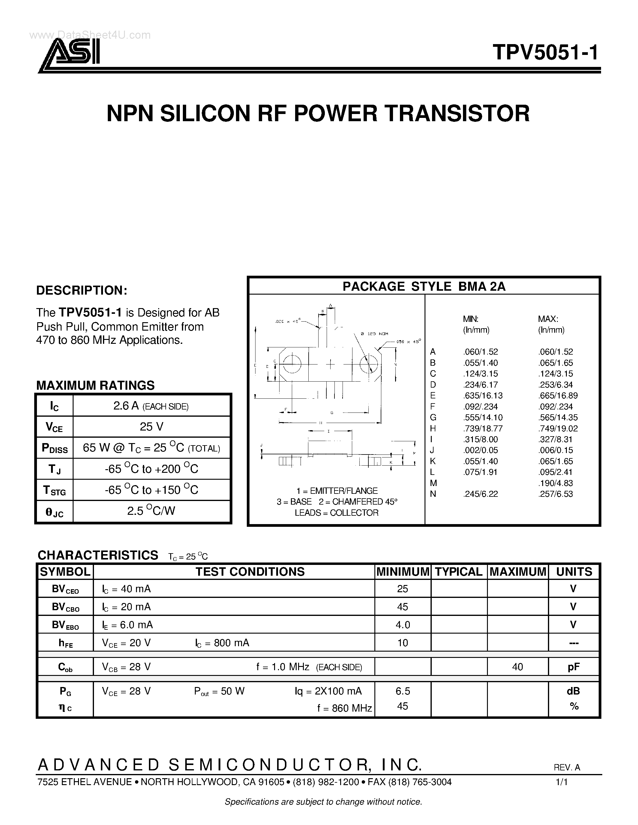 Datasheet TPV5051-1 - NPN SILICON RF POWER TRANSISTOR page 1