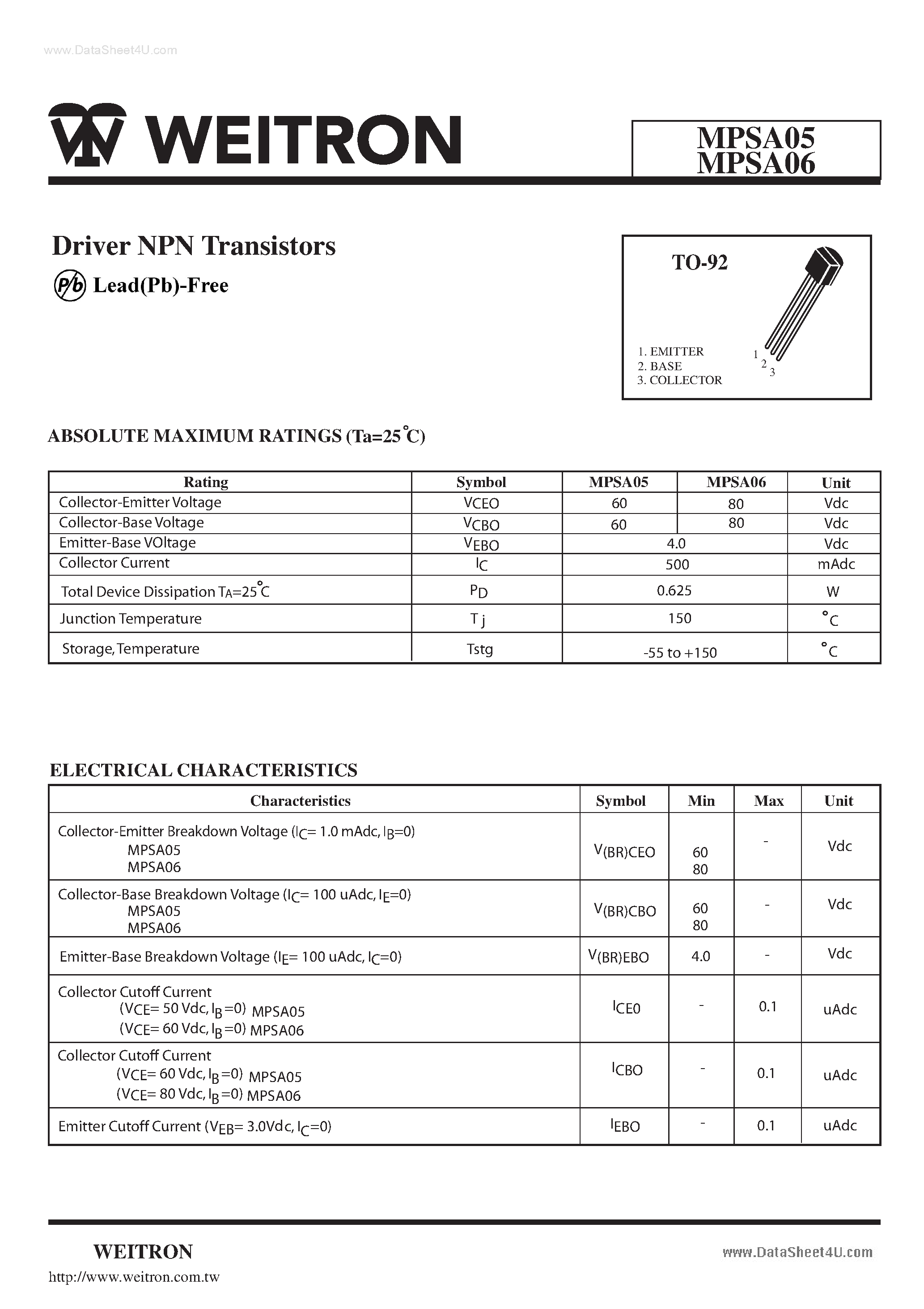 Datasheet MPSA05 page 1 Datasheet MPSA05 - (MPSA05 / MPSA06) Driver NPN Transistors page 1
