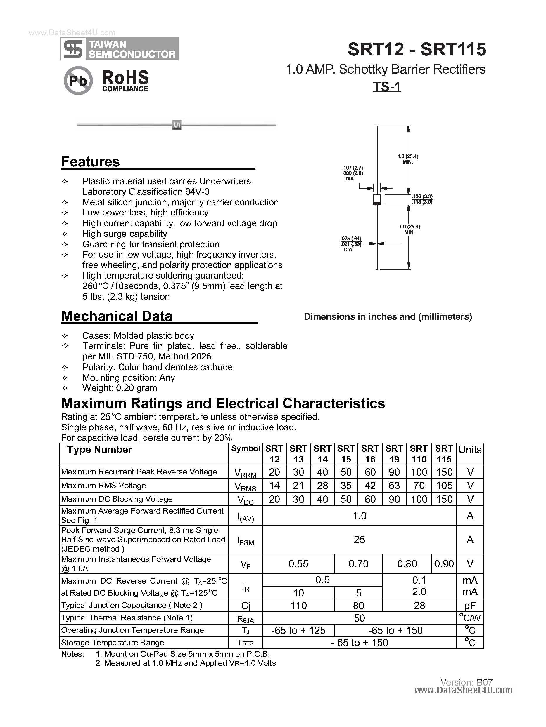 Datasheet SRT110 - (SRT12 - SRT115) Schottky Barrier Rectifiers page 1