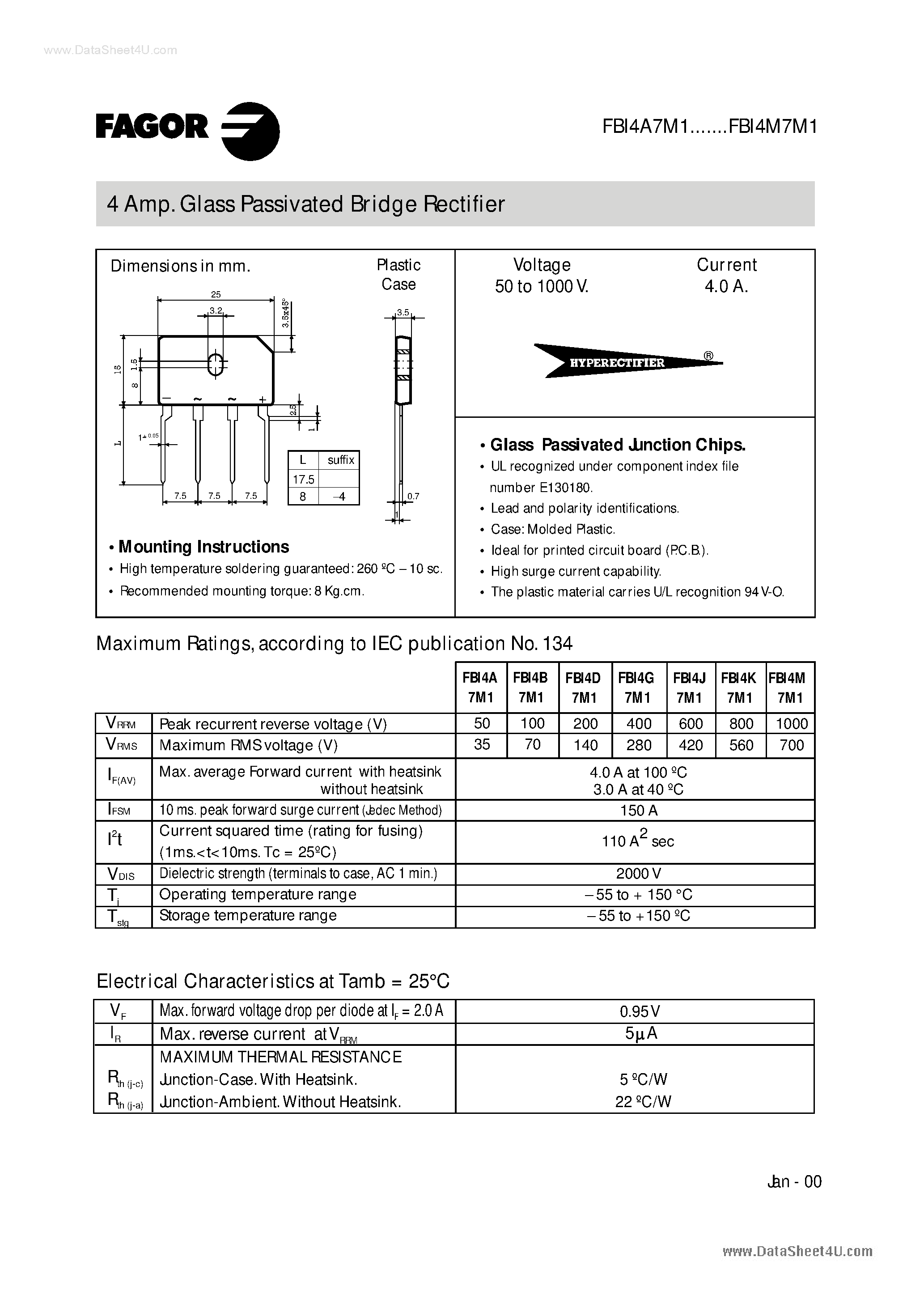 Datasheet FBI4A7M1 page 1 Datasheet FBI4A7M1 - (FBI4x7M1) 4A Glass Passivated Bridge Rectifier page 1