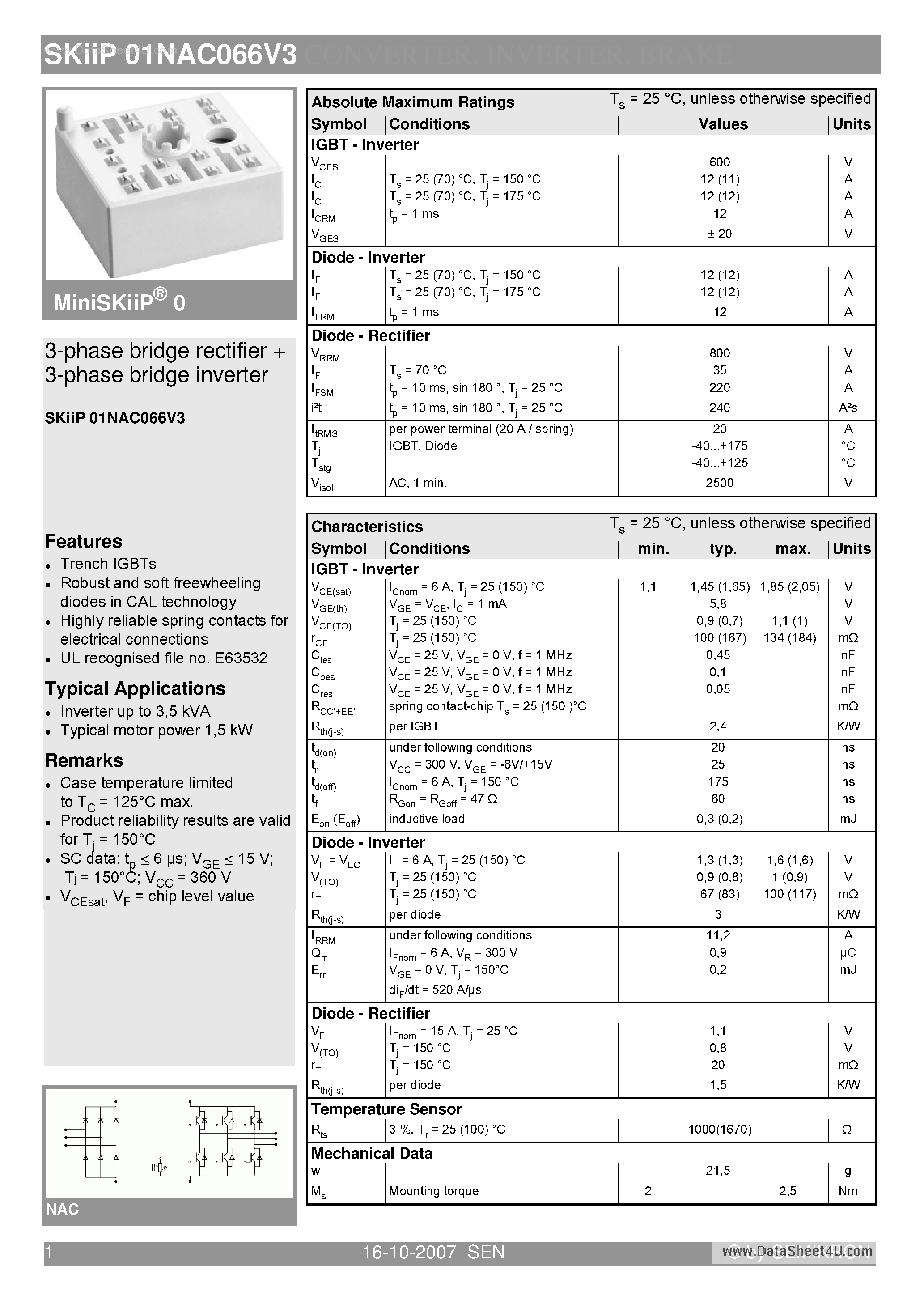Datasheet SKIIP01NAC066V3 - 3-phase bridge rectifier 3-phase bridge inverter page 1