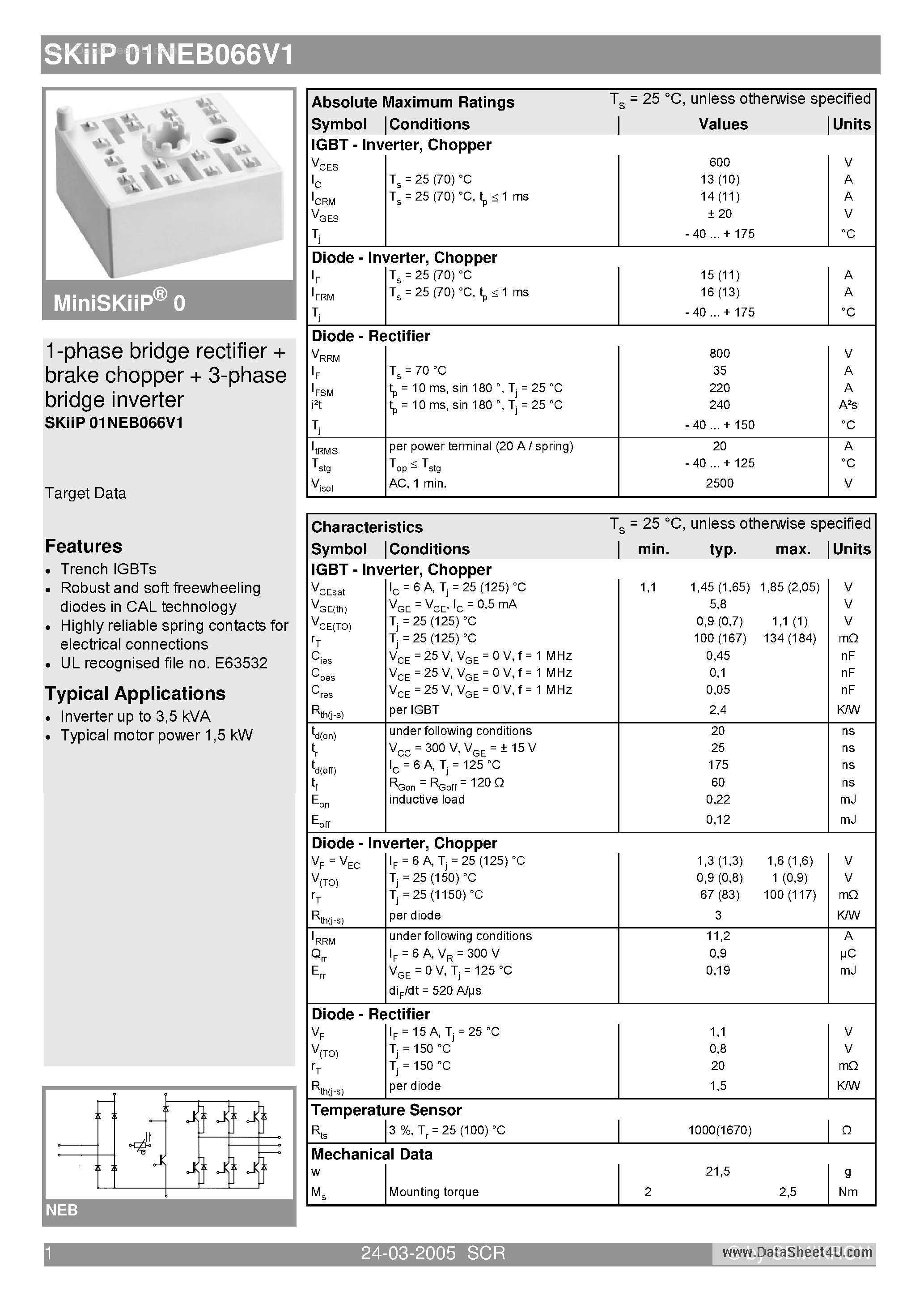 Datasheet SKIIP01NEB066V1 page 1 Datasheet SKIIP01NEB066V1 - 1-phase bridge rectifier brake chopper 3-phase bridge inverter page 1