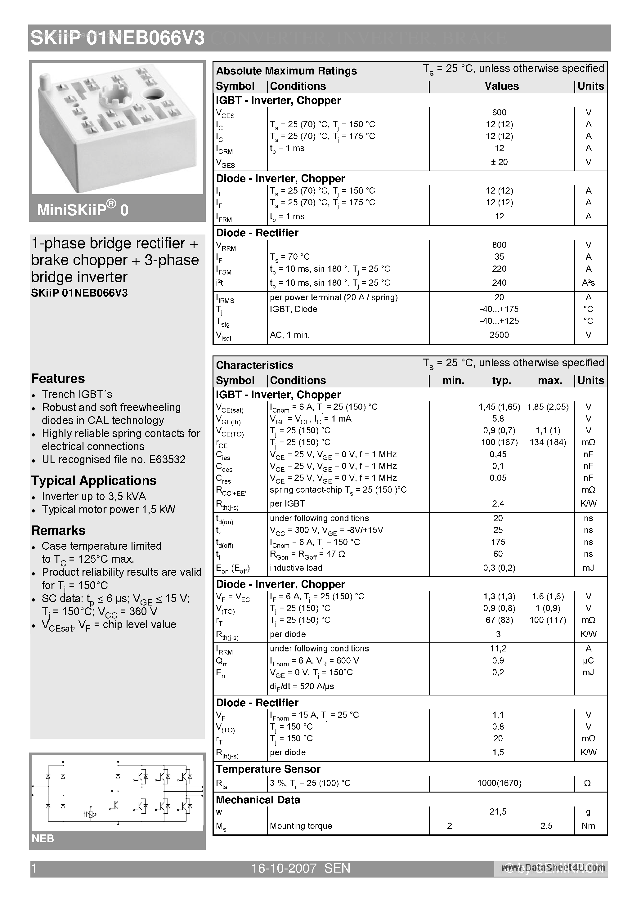 Datasheet SKIIP01NEB066V3 - 1-phase bridge rectifier brake chopper 3-phase bridge inverter page 1