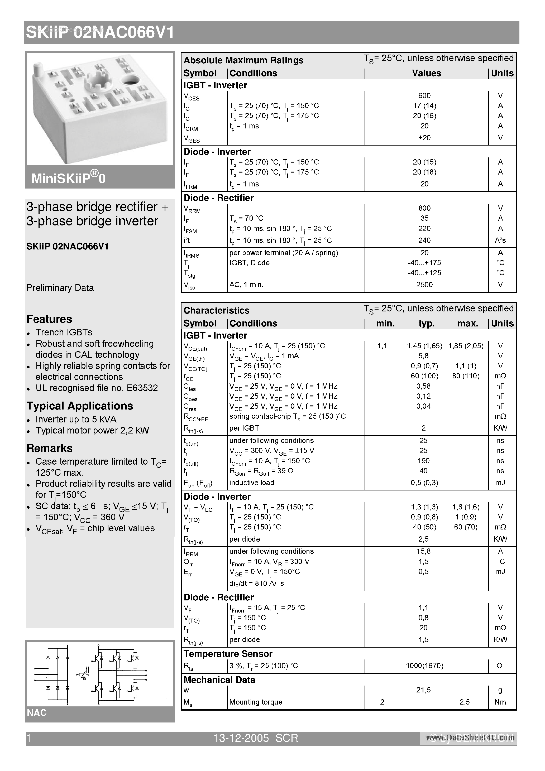 Datasheet SKIIP02NAC066V1 - 3-phase bridge rectifier 3-phase bridge inverter page 1