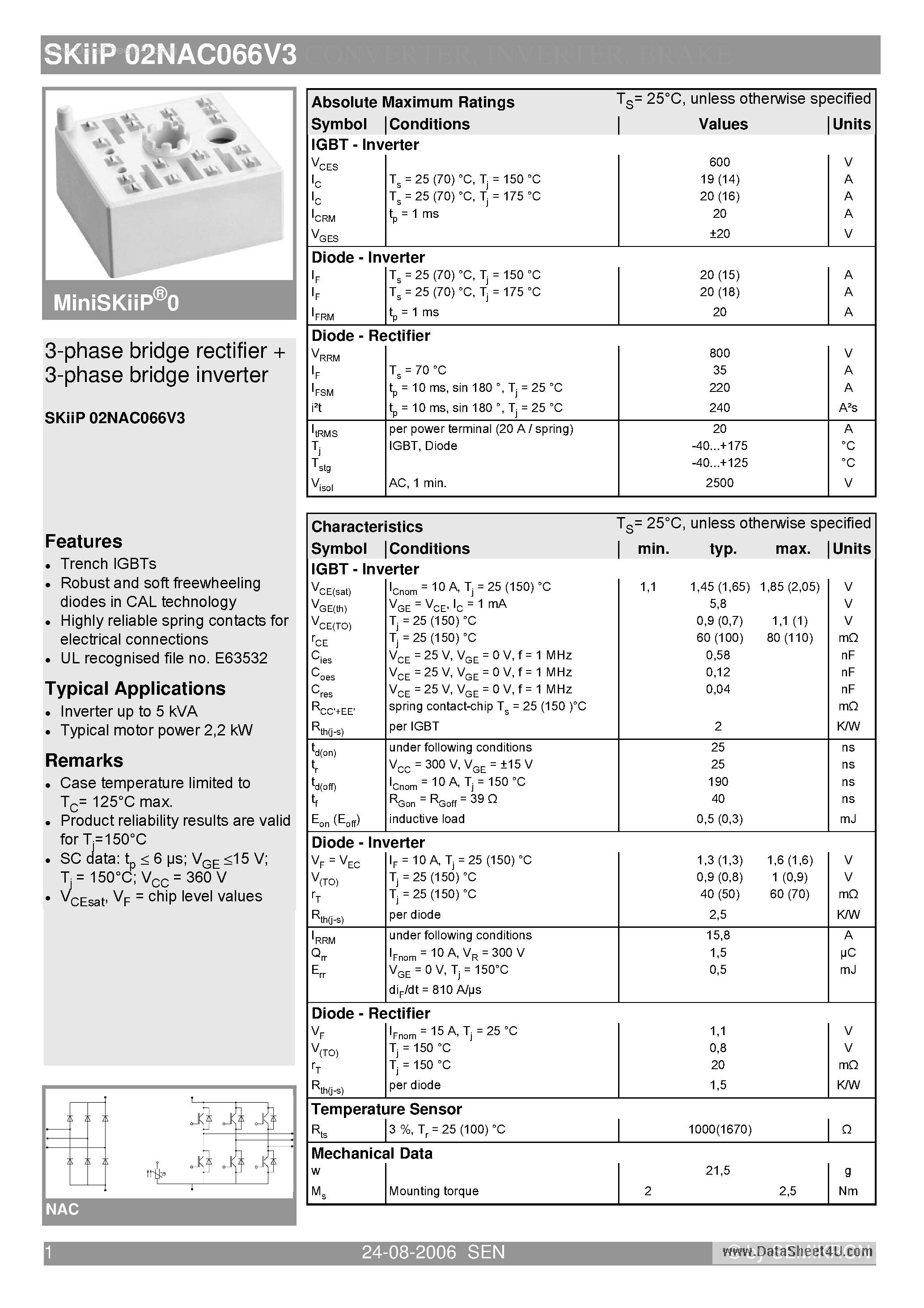 Datasheet SKIIP02NAC066V3 - 3-phase bridge rectifier 3-phase bridge inverter page 1