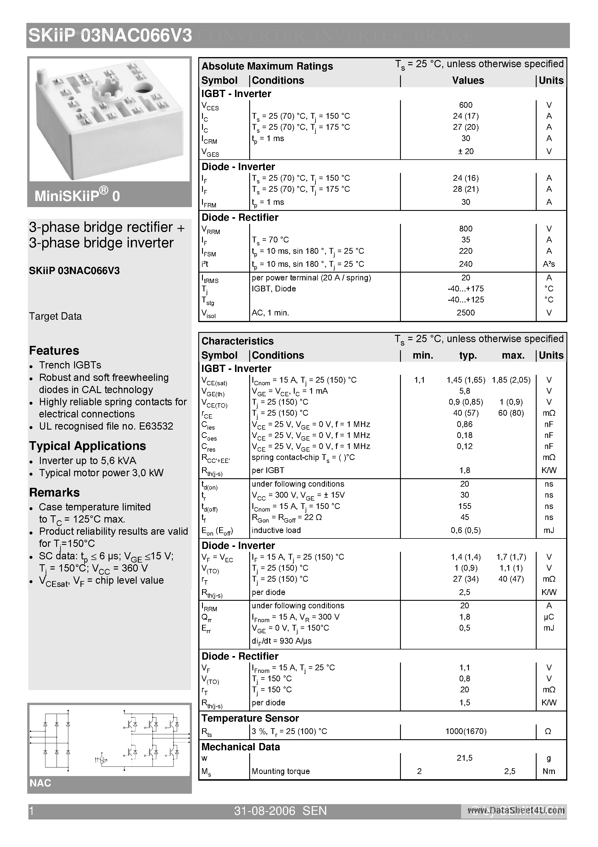 Datasheet SKIIP03NAC066V3 - 3-phase bridge rectifier 3-phase bridge inverter page 1