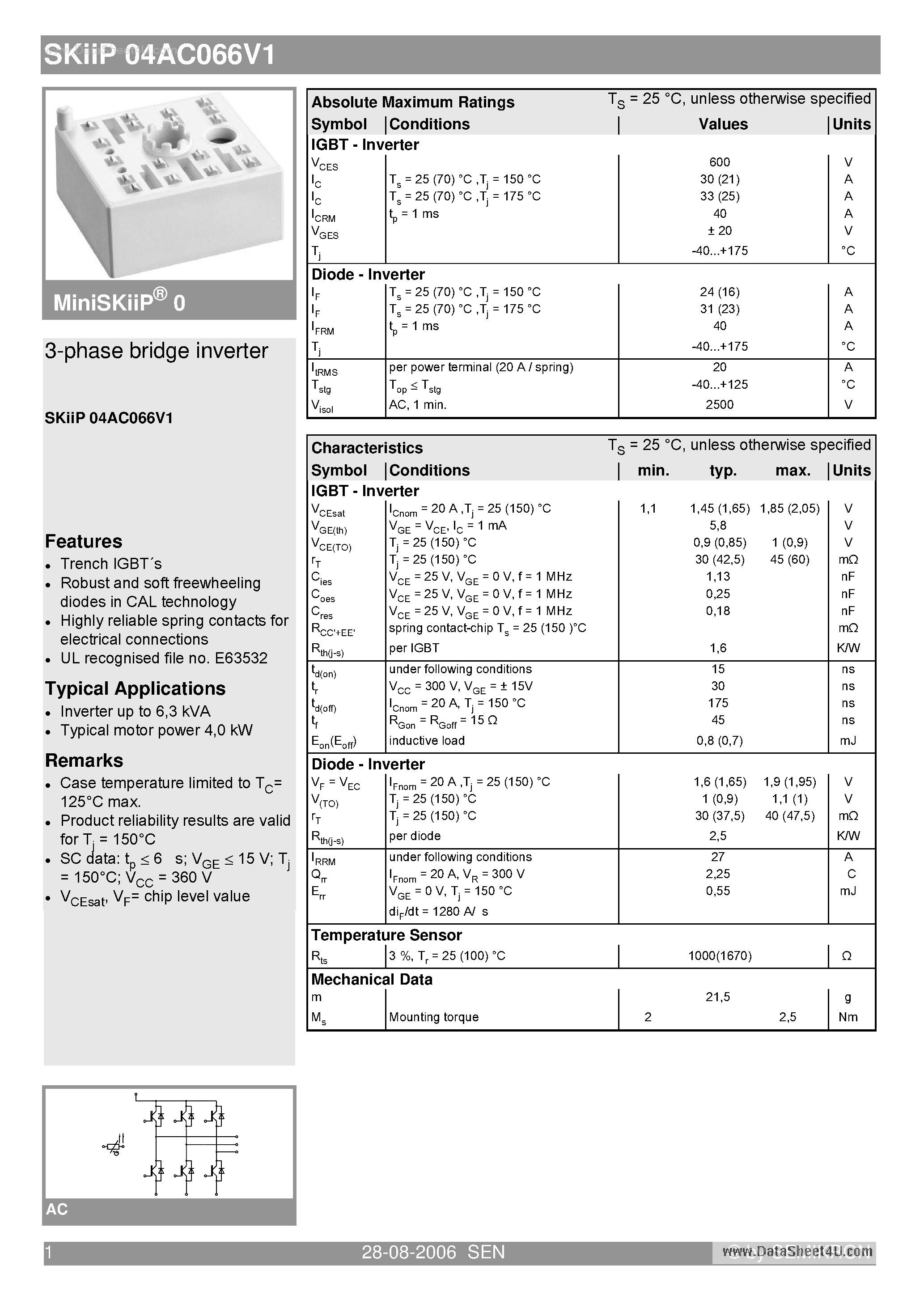 Datasheet SKIIP04AC066V1 page 1 Datasheet SKIIP04AC066V1 - 3-phase bridge inverter page 1