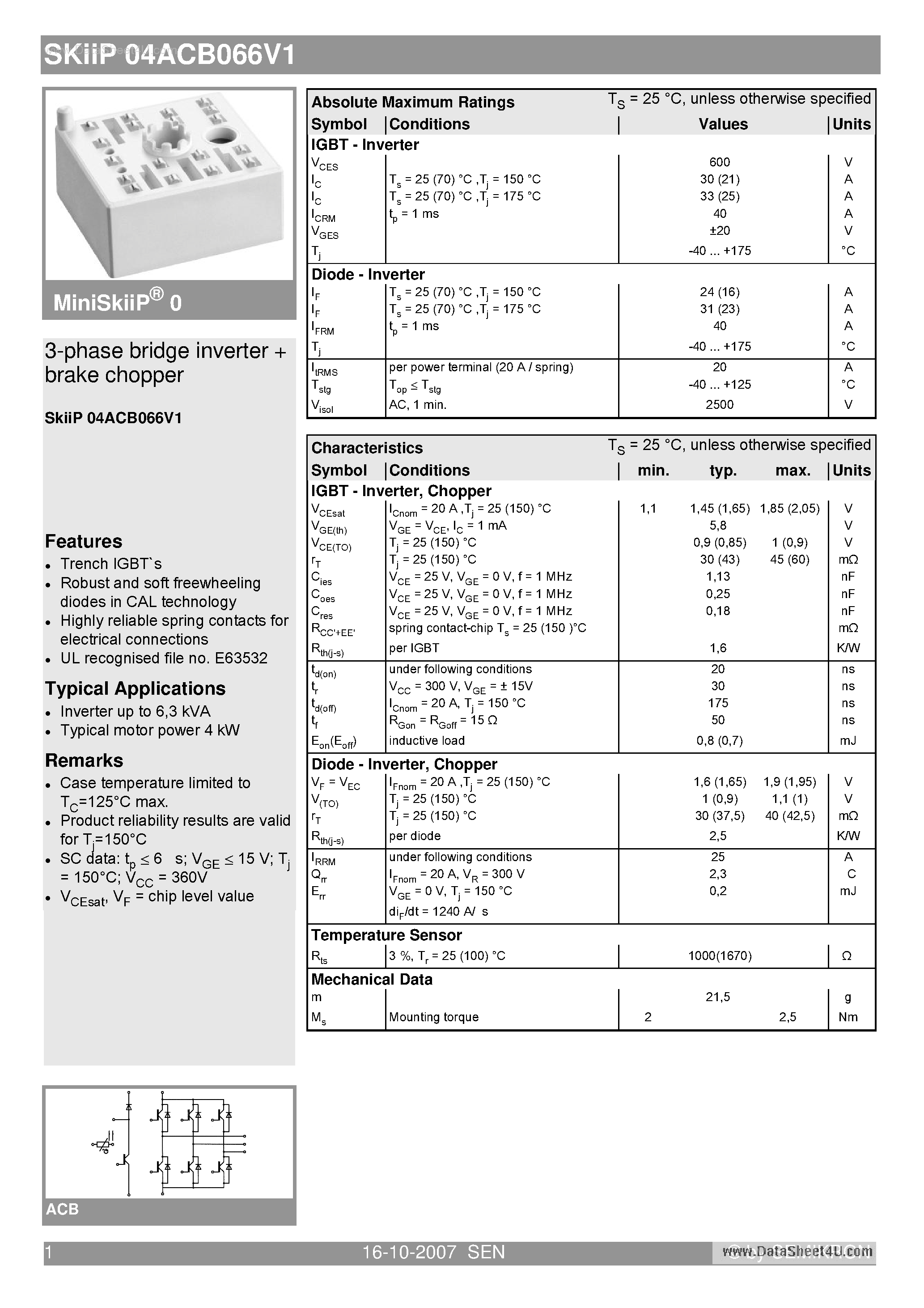 Datasheet SKIIP04ACB066V1 - 3-phase bridge inverter brake chopper page 1