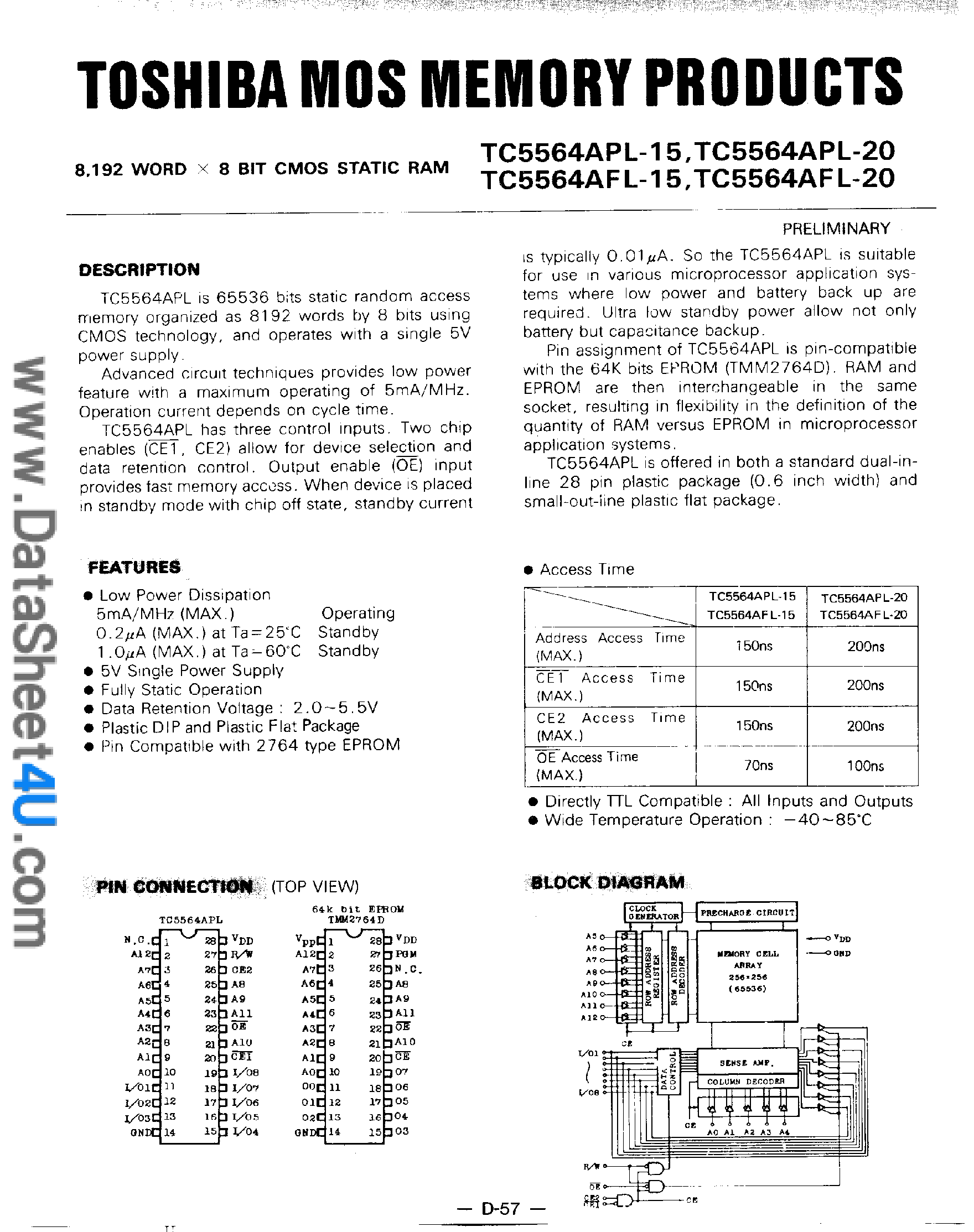 Даташит TC5564 - 8192 WORD X 8 BIT CMOS STATIC RAM страница 1