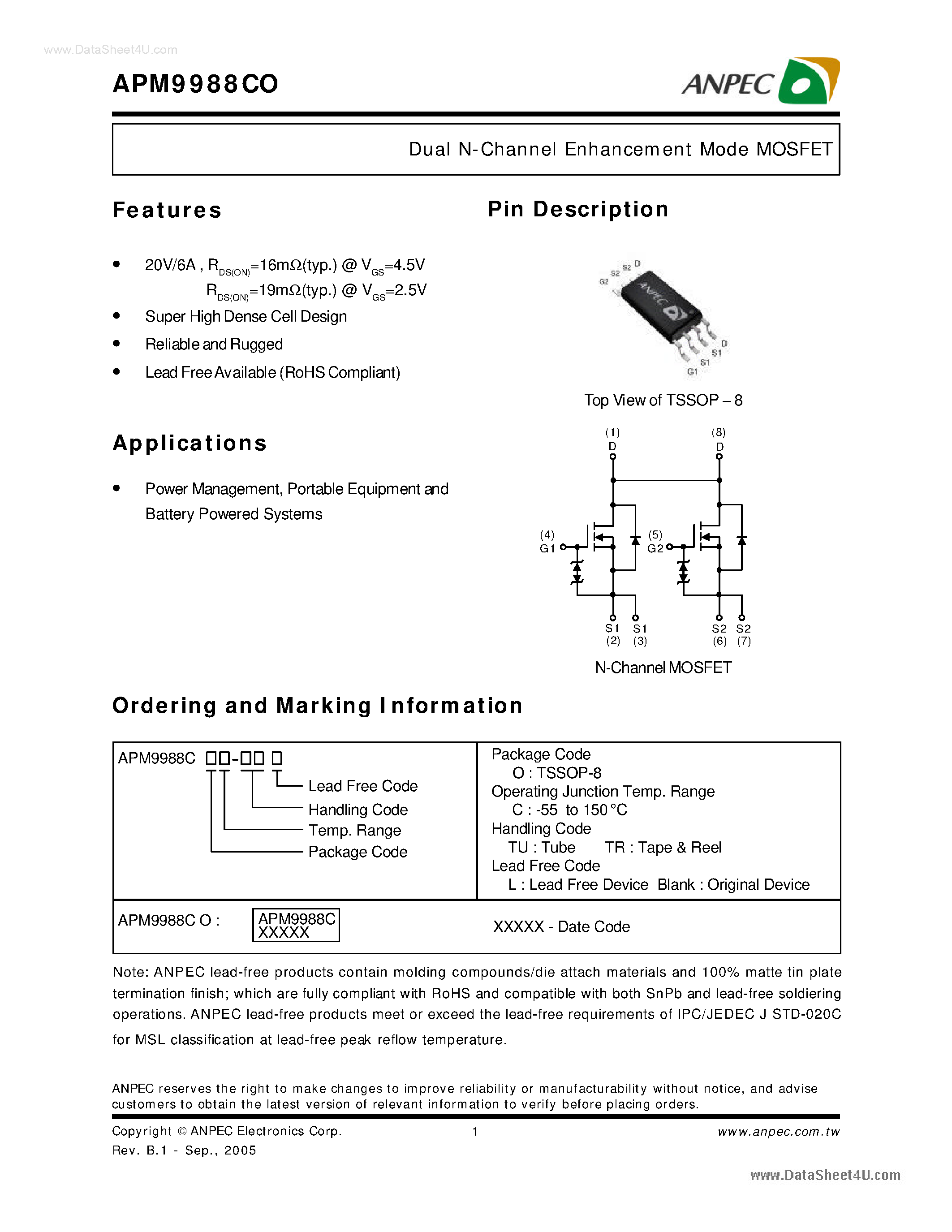 Datasheet APM9988CO - Dual N-Channel Enhancement Mode MOSFET page 1