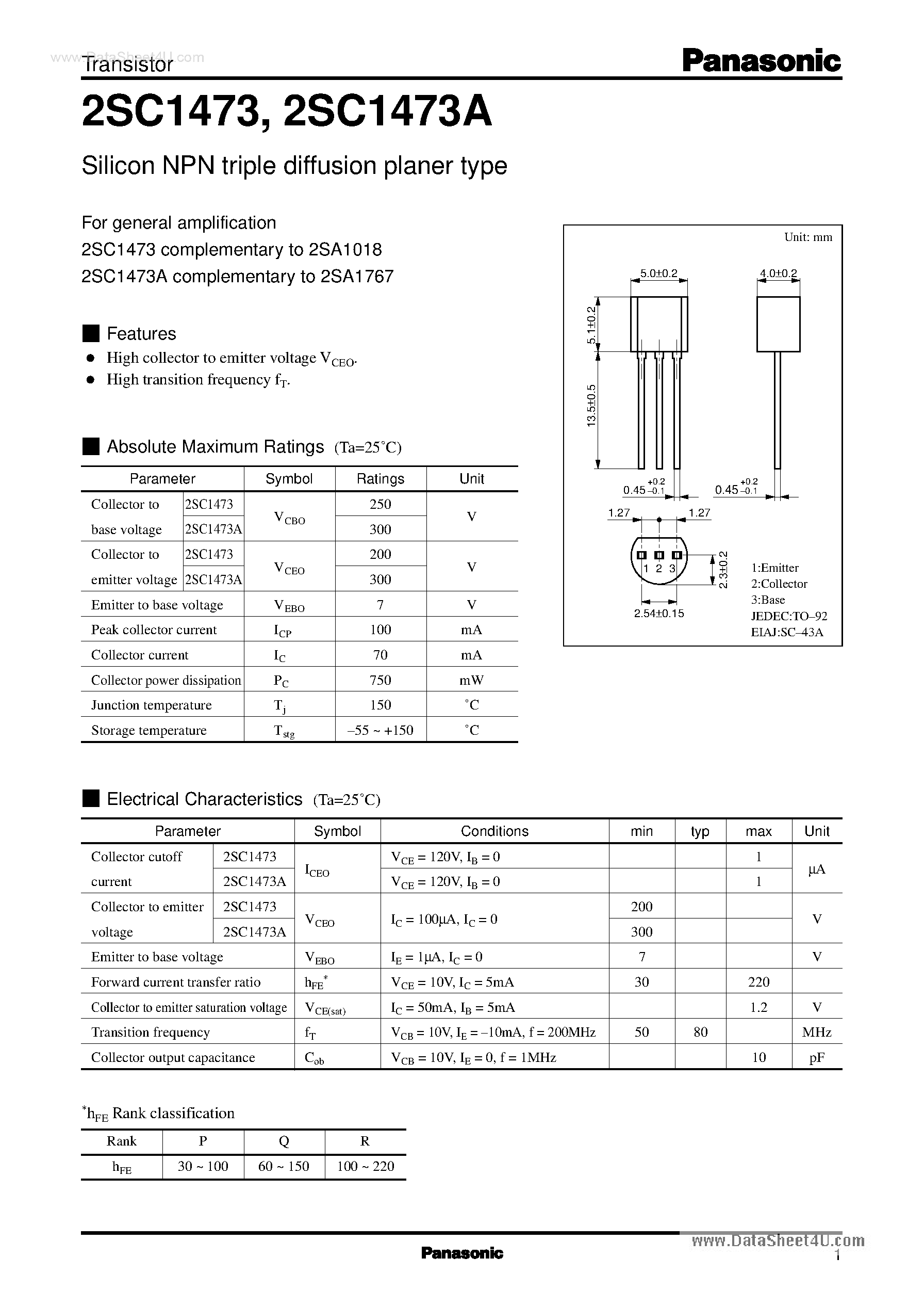 Datasheet C1473 - Search -----> 2SC1473 page 1