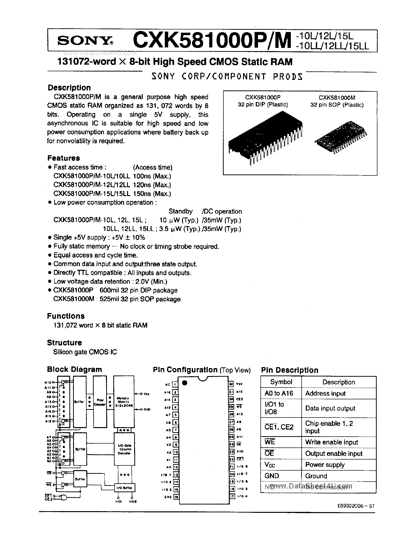 Datasheet CXK581000M - 131072-word x 8-bit HIGH SPEED COMS STATIC RAM page 1