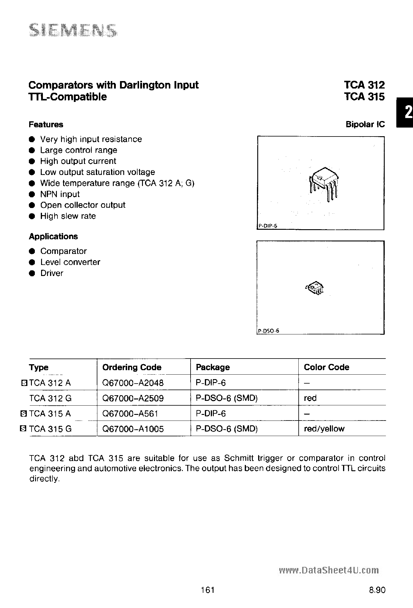 Даташит на микросхему TCA312 страница 1 Даташит TCA312 - (TCA322 / TCA325) TTL Compatible страница 1