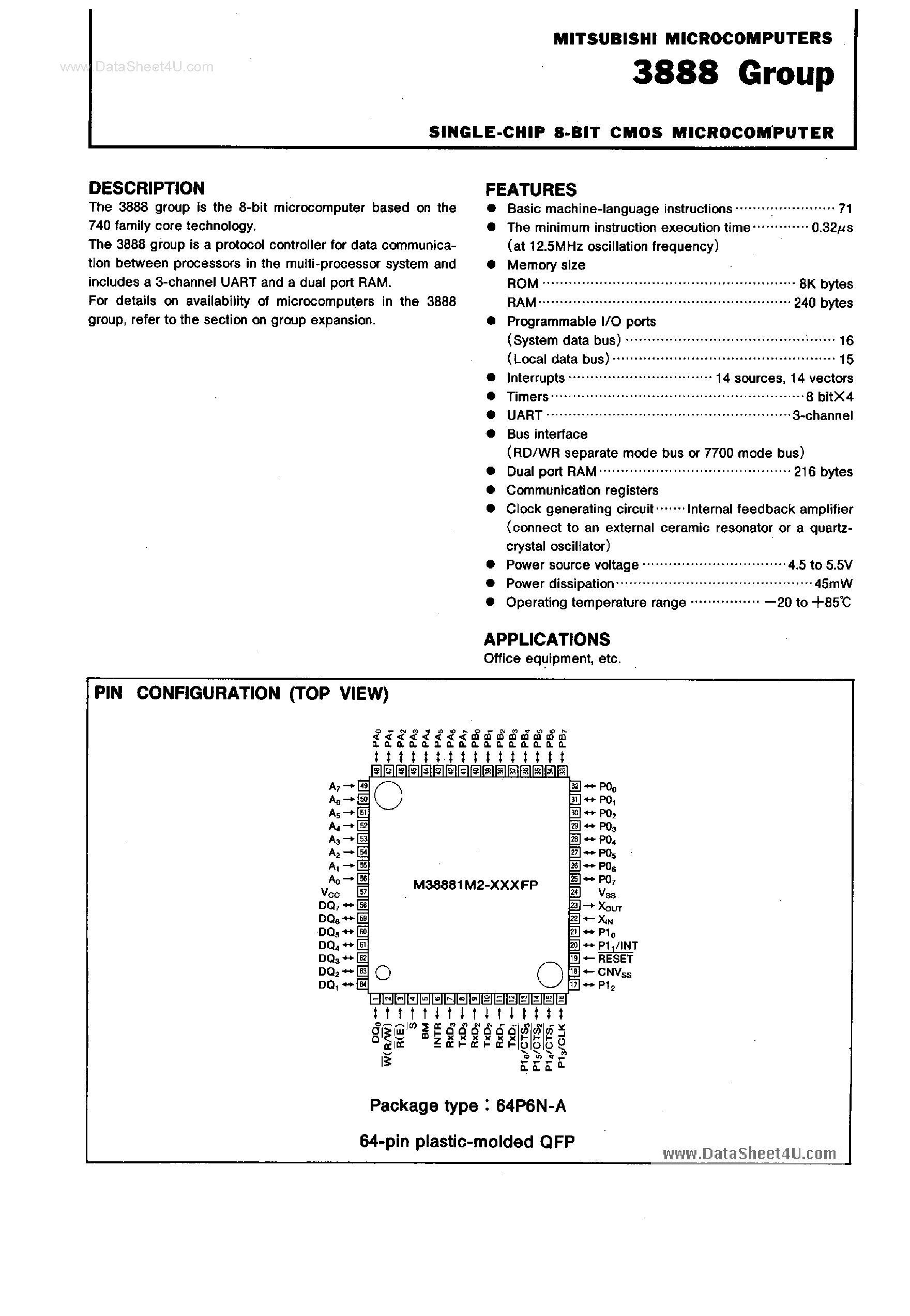 Datasheet M38881M2 - Single Chip 8-Bit CMOS Microcomputer page 1