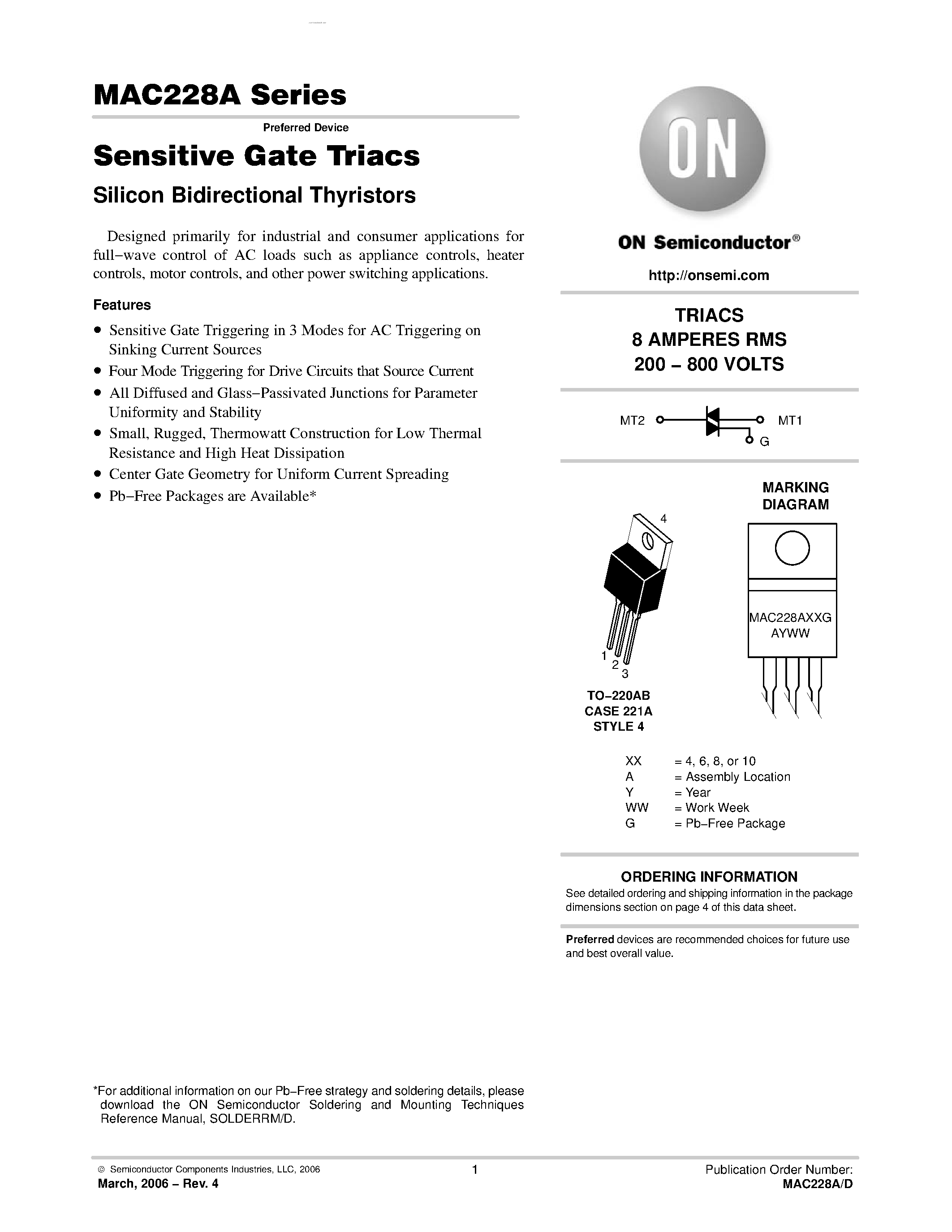 Datasheet MAC228A - Sensitive Gate Triacs Silicon Bidirectional Thyristors page 1