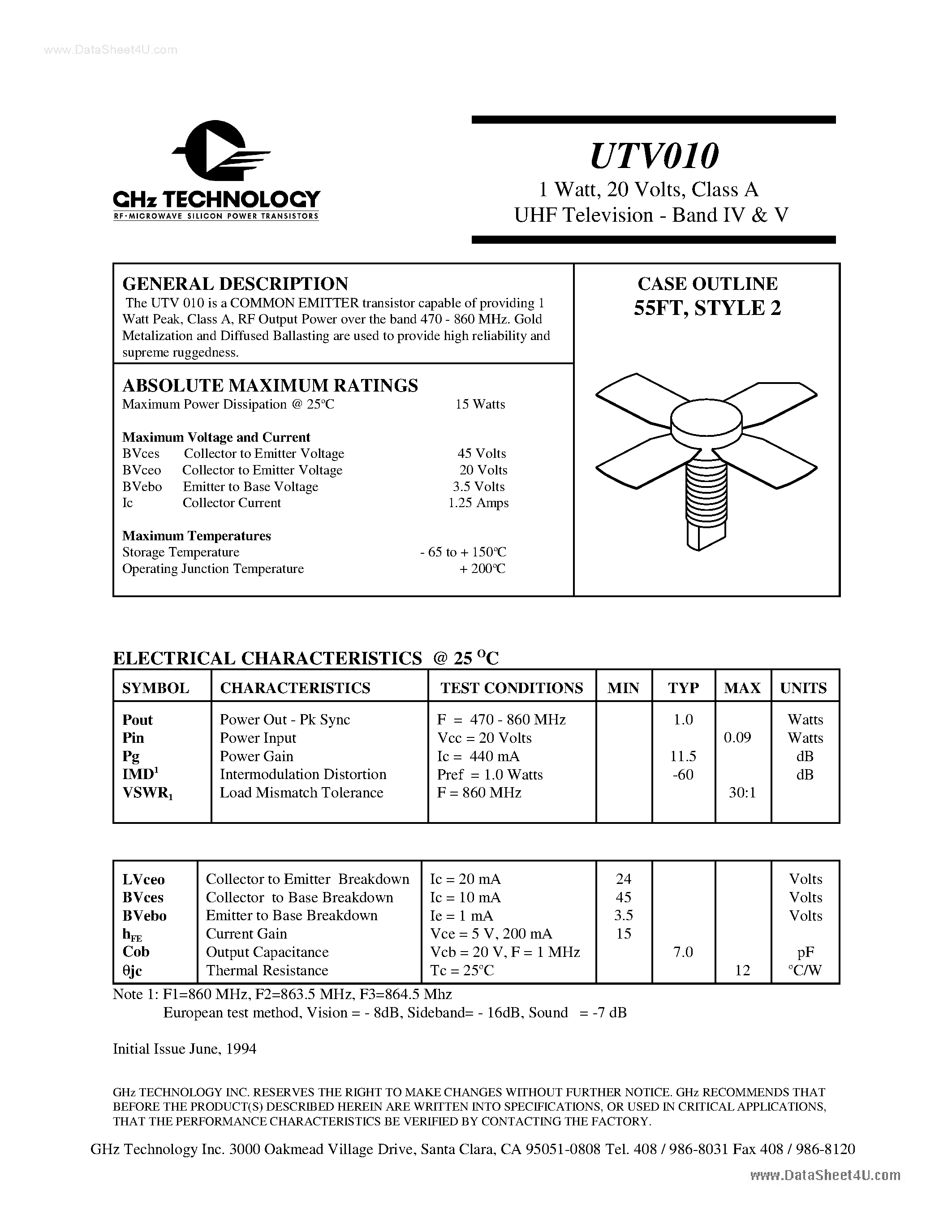 Datasheet UTV010 page 1 Datasheet UTV010 - Class A UHF Television page 1