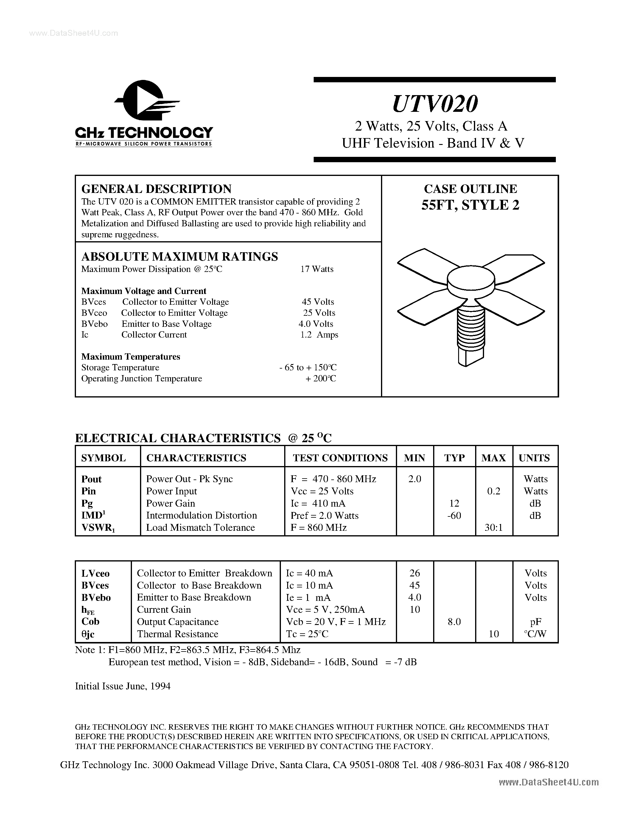 Даташит на микросхему UTV020 страница 1 Даташит UTV020 - Class A UHF Television страница 1