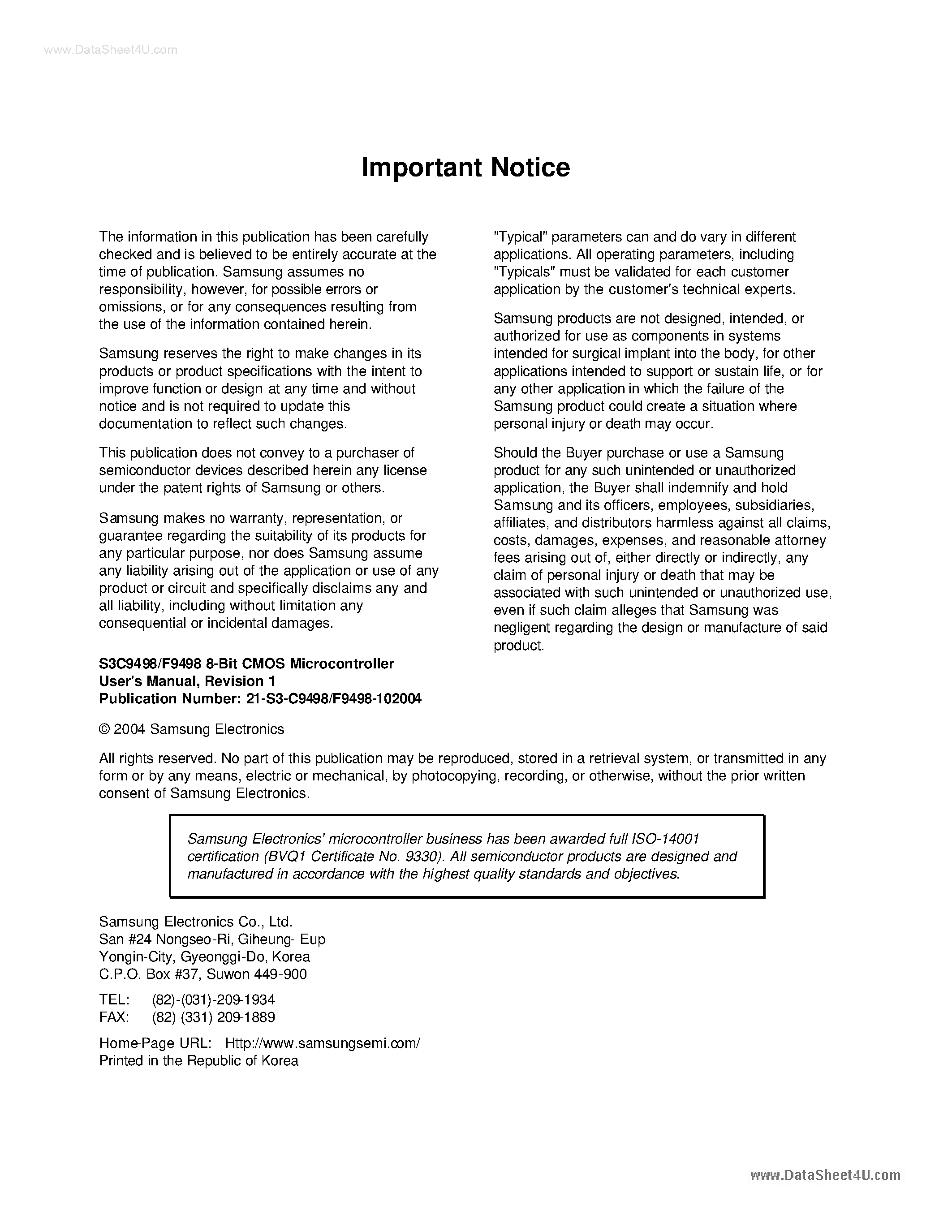 Даташит S3F9498 - 8-BIT CMOS MICROCONTROLLER страница 2