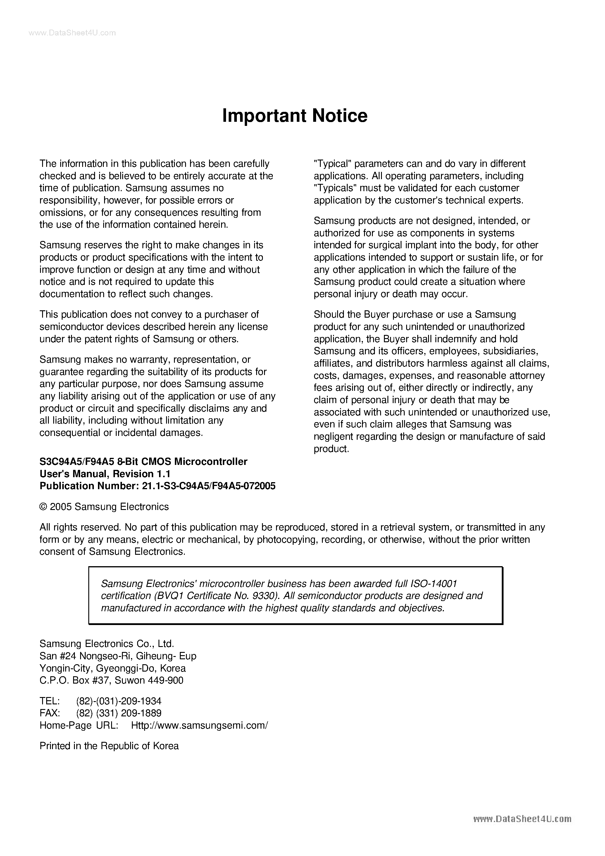 Даташит S3F94A5 - 8-BIT CMOS MICROCONTROLLER страница 2