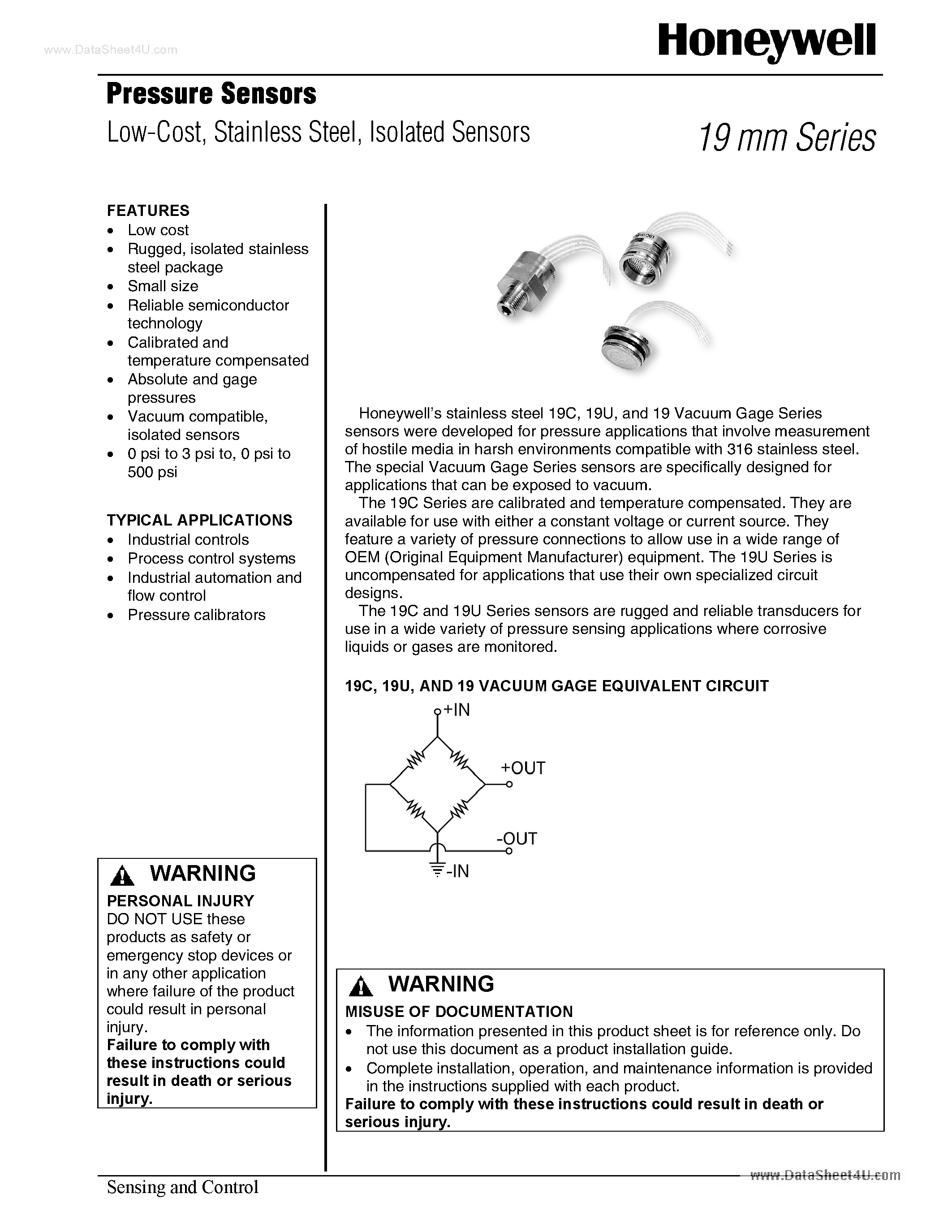 Даташит 19UxxxPAxx - (19mm Series) Pressure Sensors Low-Cost / Stainless Steel страница 1