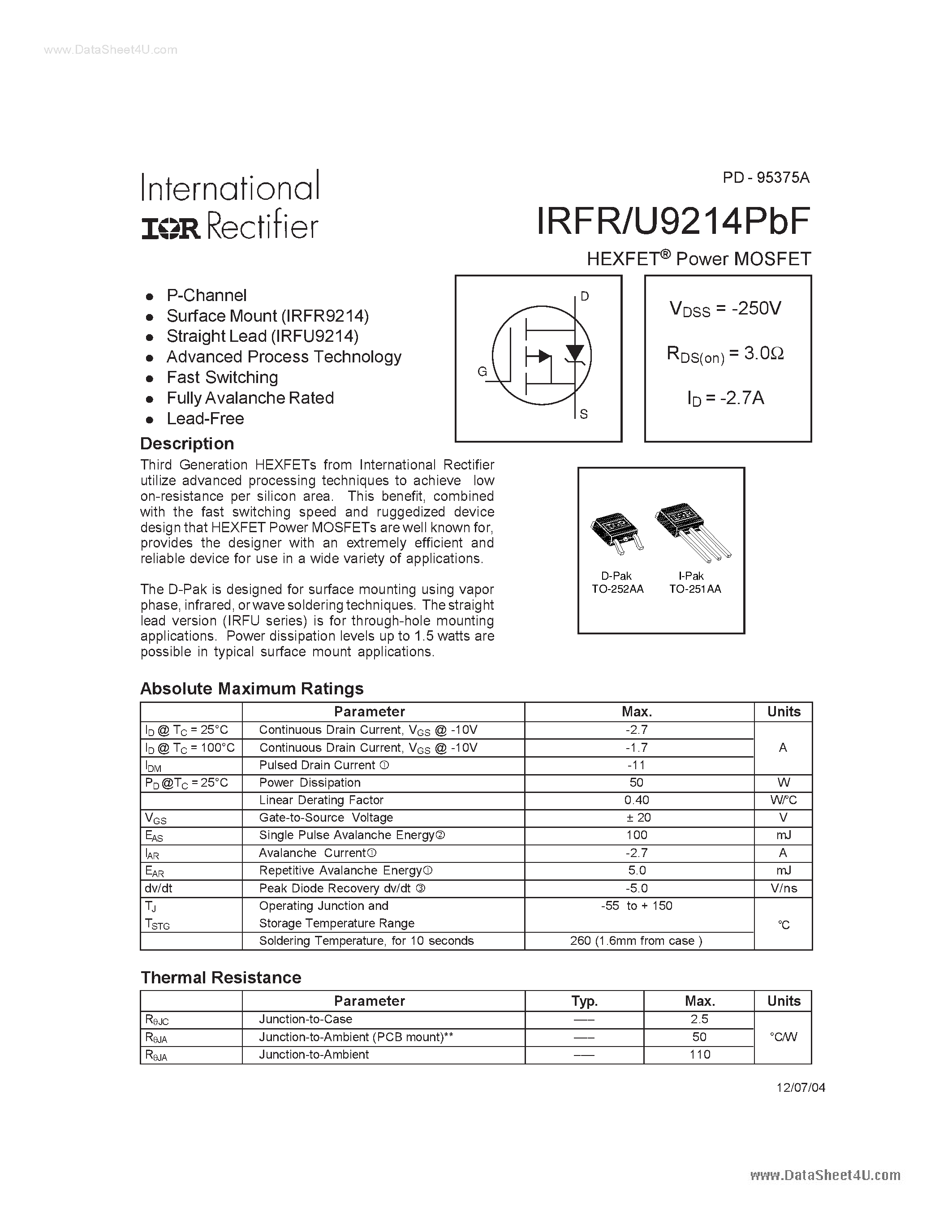 Datasheet IRFR9214PBF page 1 Datasheet IRFR9214PBF - HEXFET POWER MOSFET page 1