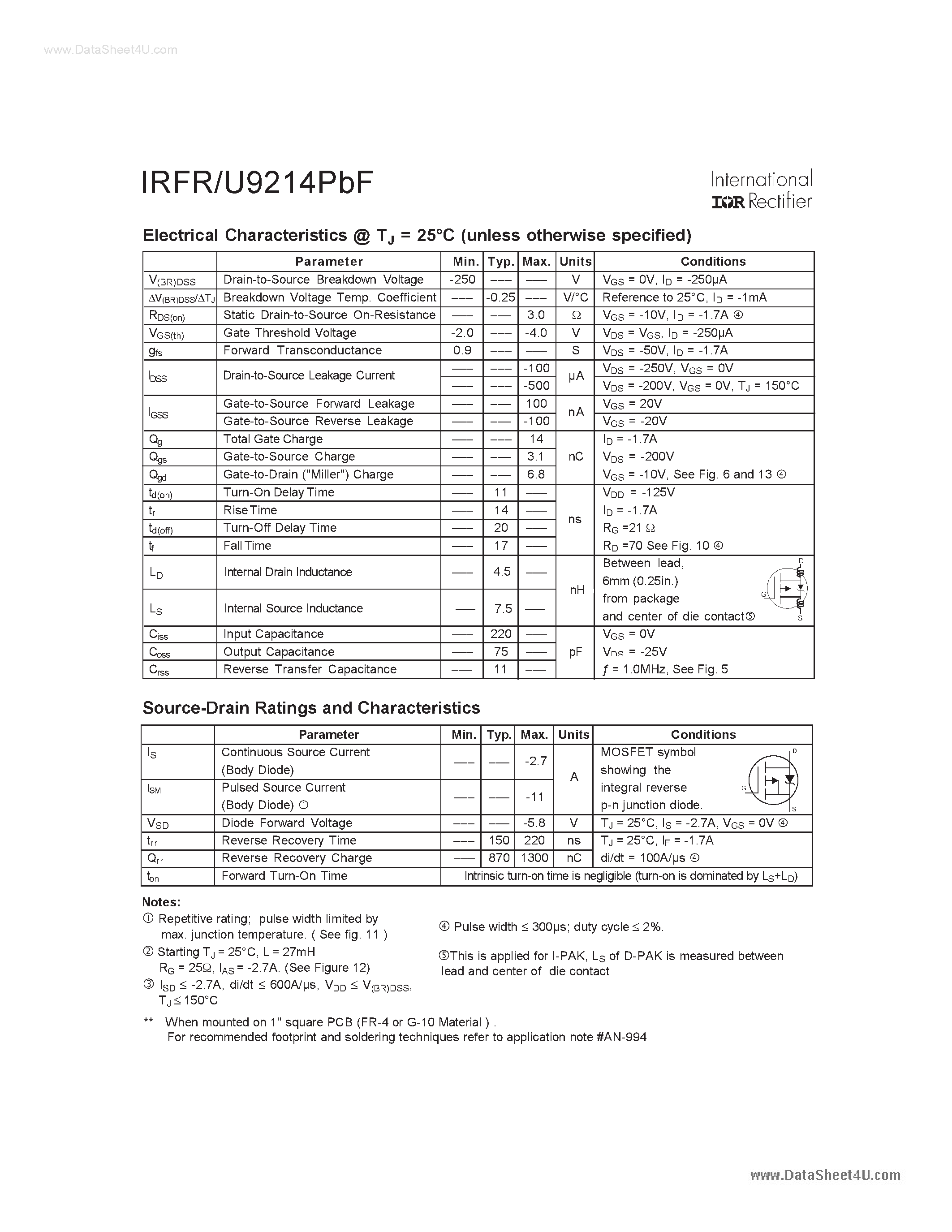 Datasheet IRFR9214PBF page 2 Datasheet IRFR9214PBF - HEXFET POWER MOSFET page 2