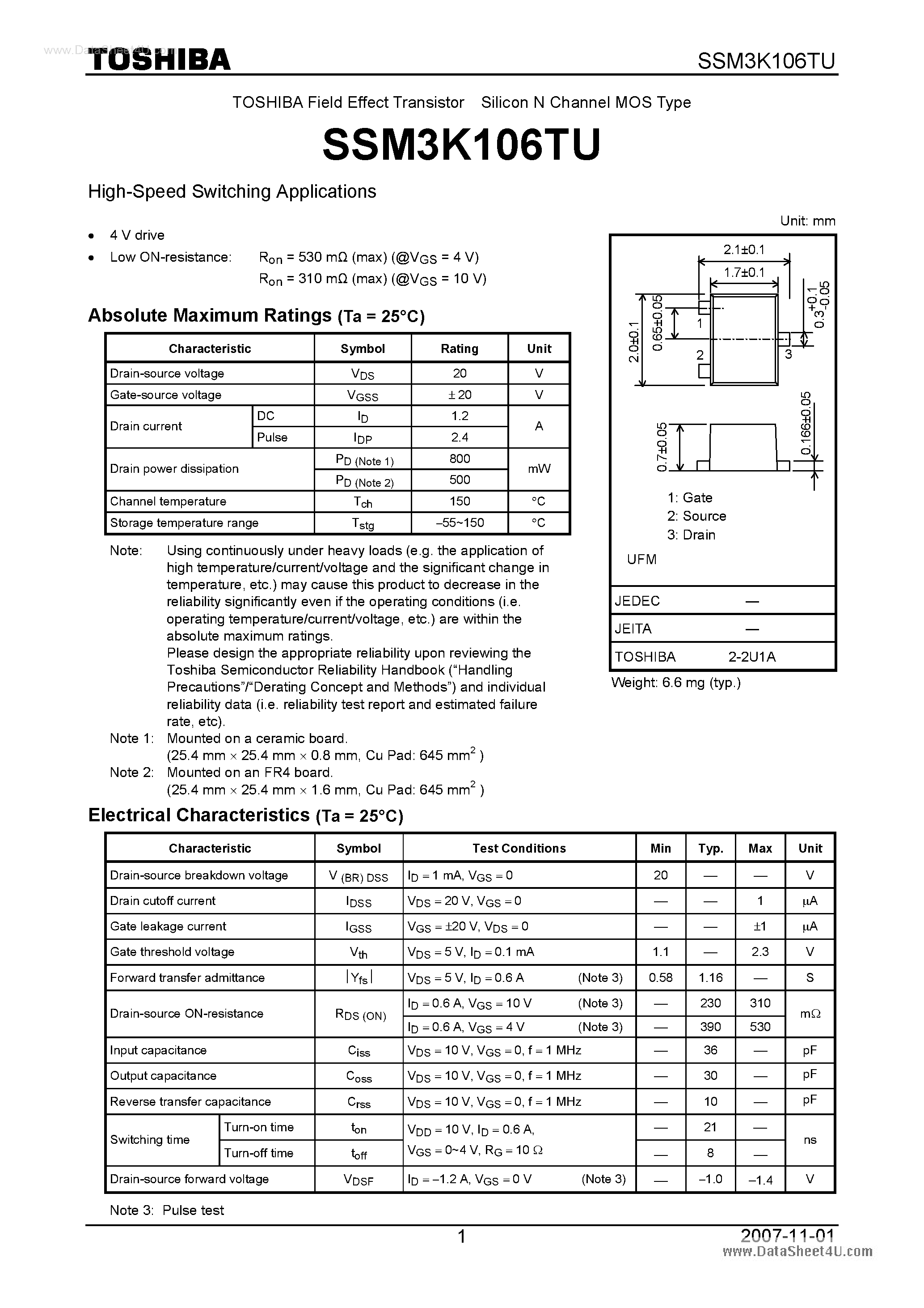 Datasheet SSM3K106TU - Silicon N Channel MOS Type High-Speed Switching Applications page 1