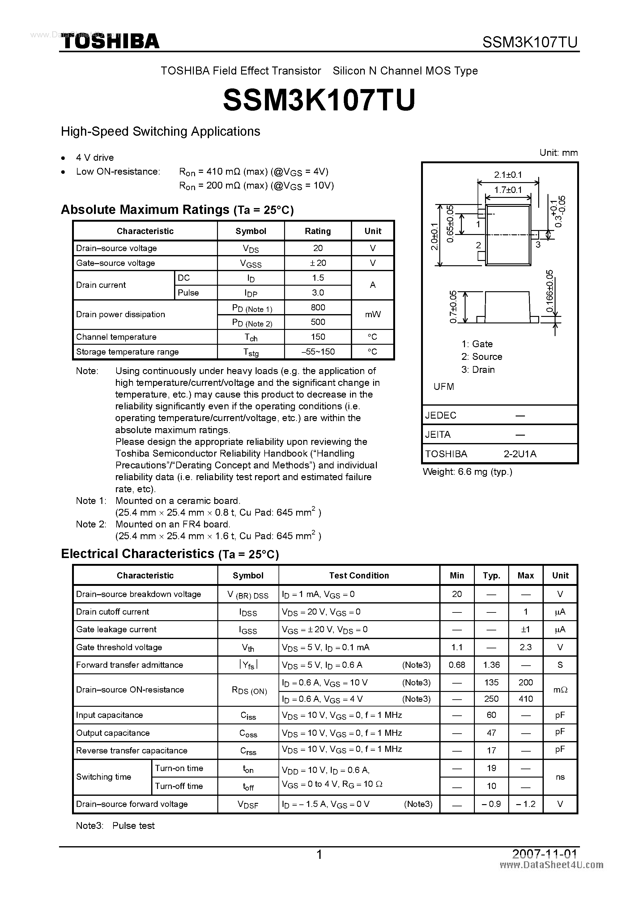 Даташит на микросхему SSM3K107TU страница 1 Даташит SSM3K107TU - Silicon N Channel MOS Type High-Speed Switching Applications страница 1