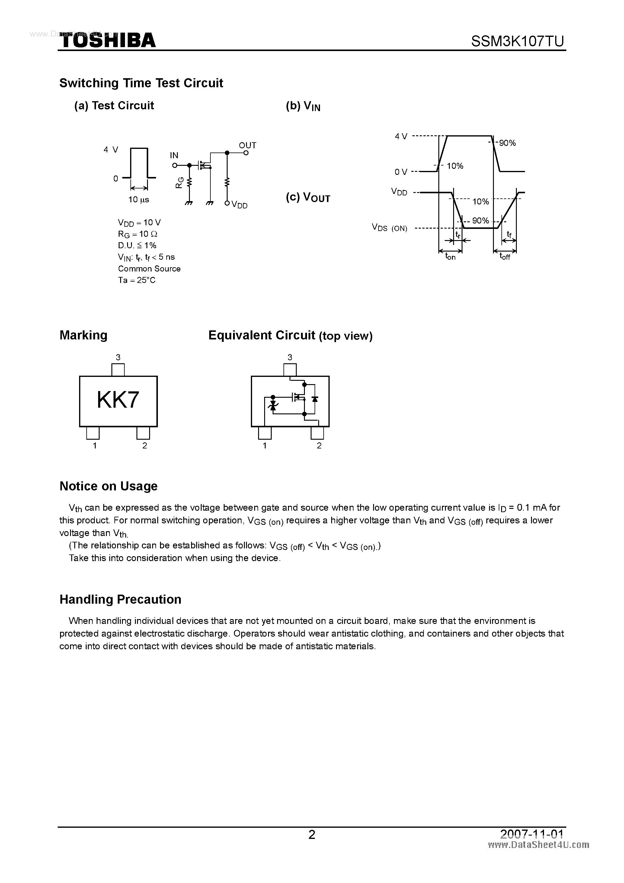 Даташит на микросхему SSM3K107TU страница 2 Даташит SSM3K107TU - Silicon N Channel MOS Type High-Speed Switching Applications страница 2