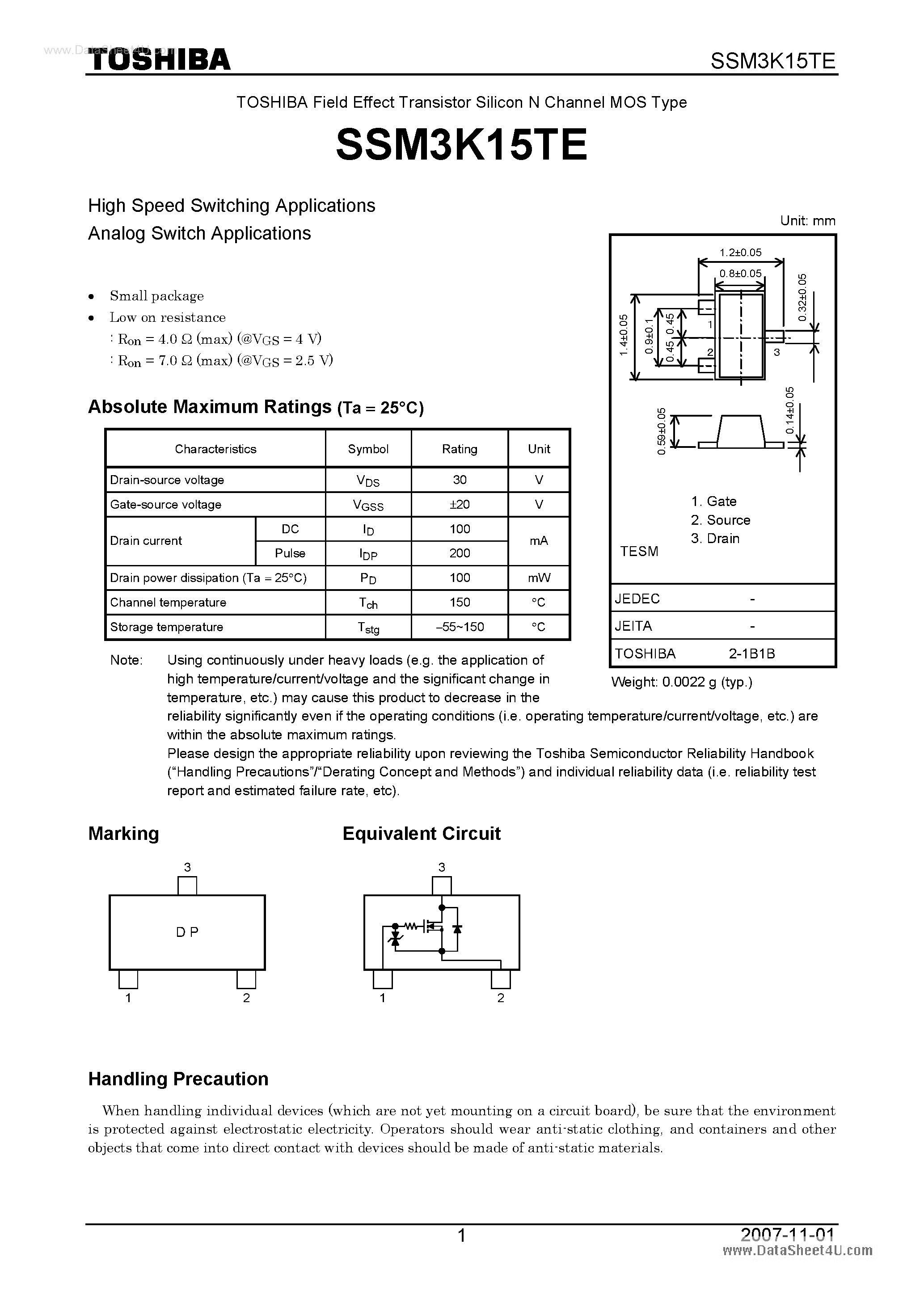 Datasheet SSM3K15TE - High Speed Switching Applications page 1