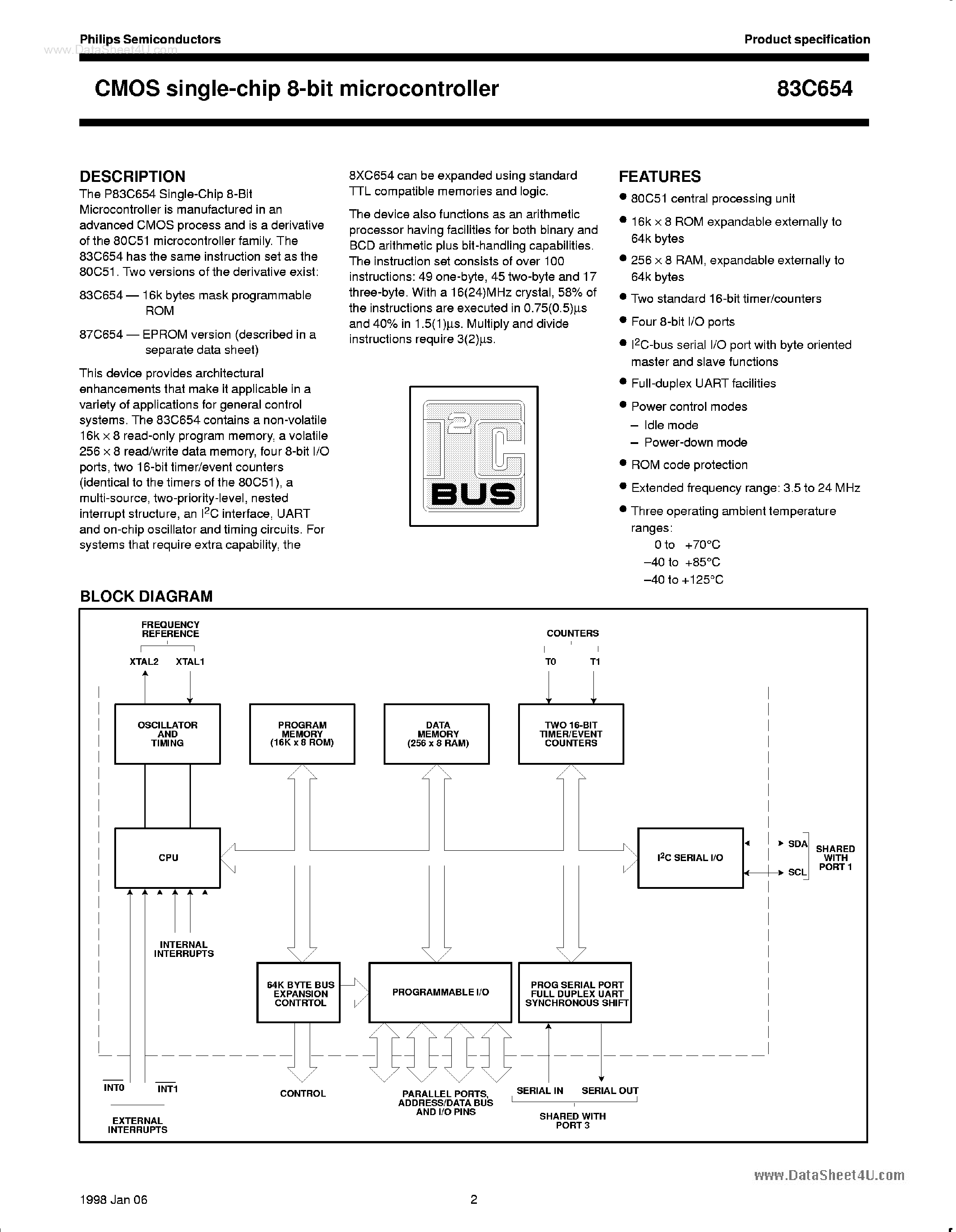 Datasheet 83C654 - CMOS Single-Chip 8-Bit Microcontroller page 1